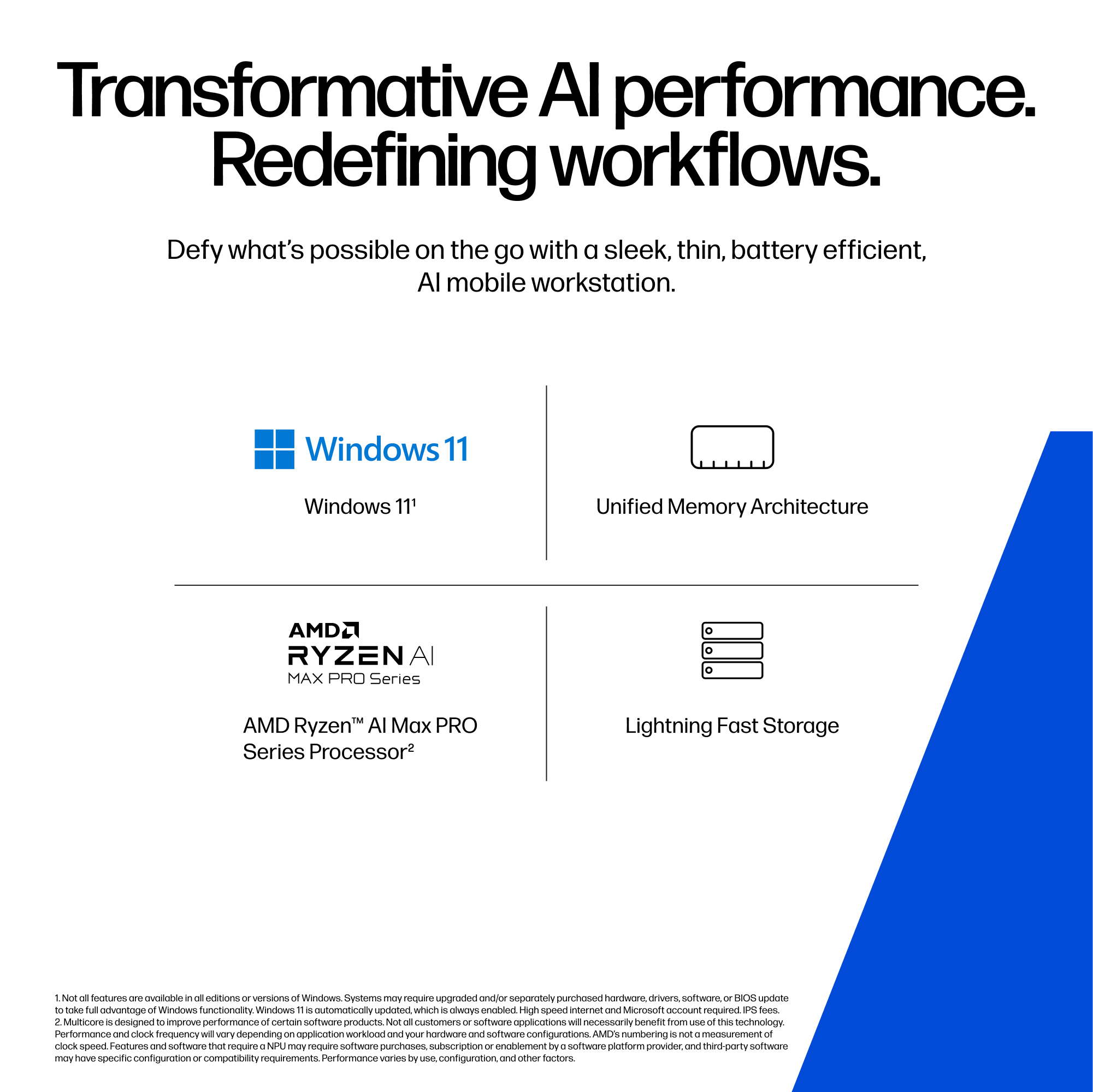 Imagen promocional para estación de trabajo AI con Windows 11, Ryzen AI Max PRO, memoria unificada y almacenamiento rápido.