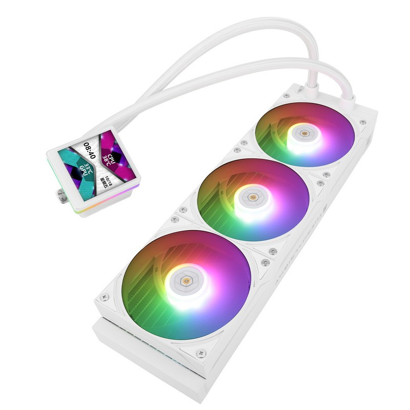 Un refrigerador líquido blanco para PC con tres ventiladores RGB, tubos y un bloque de pantalla sobre fondo blanco.