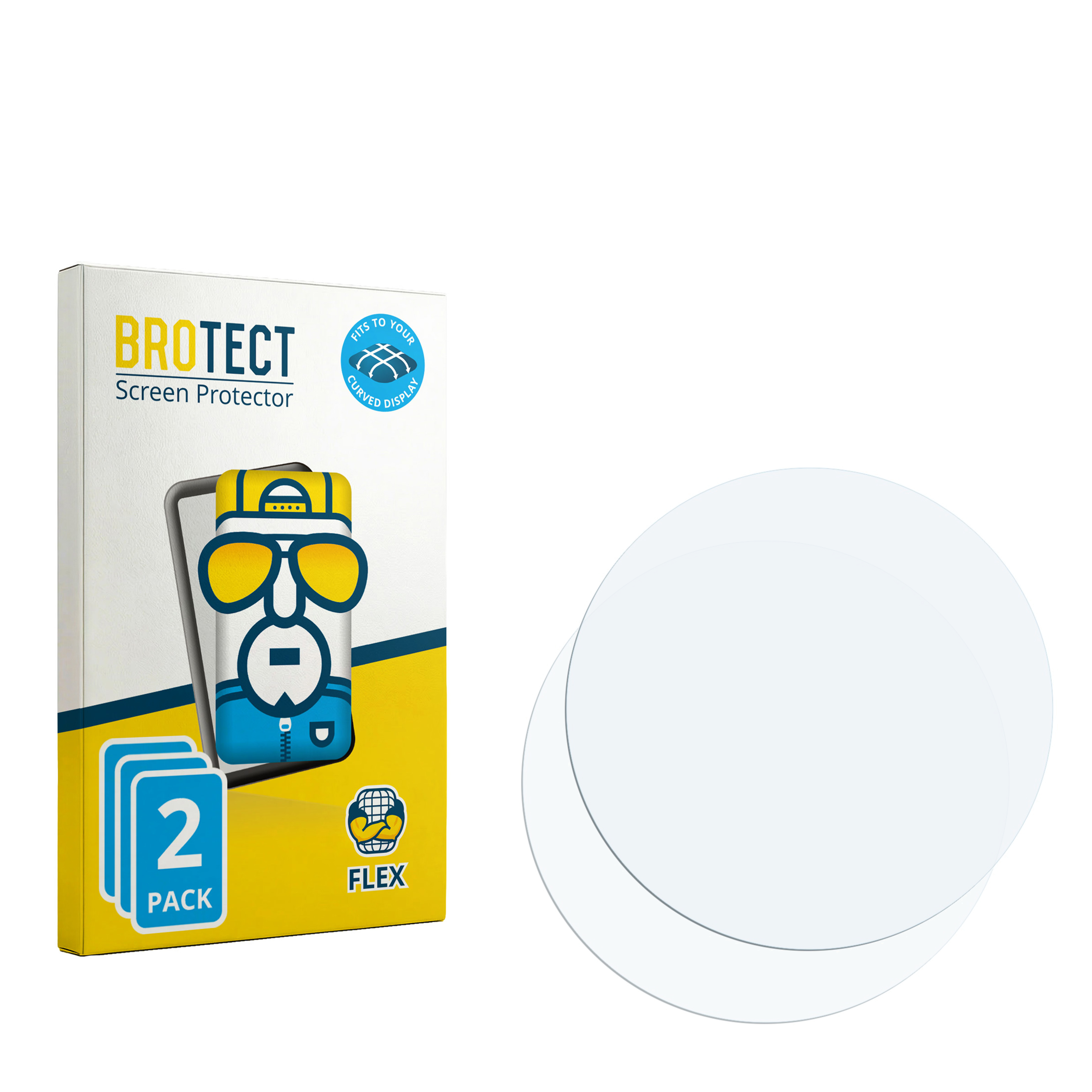 BROTECT Displayschutzfolien-Verpackung neben zwei runden, transparenten Schutzfolien auf weißem Hintergrund.
