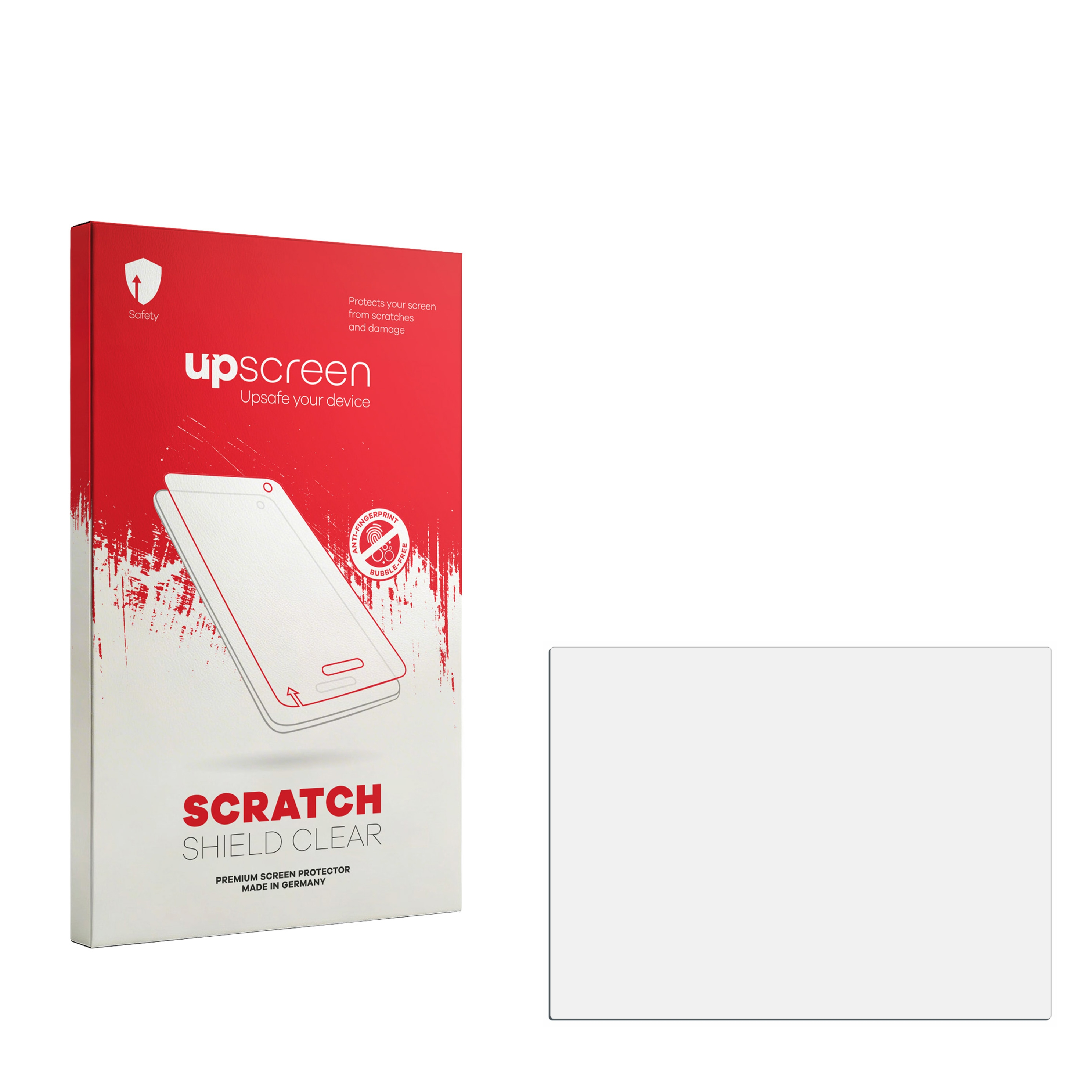 Upscreen Scratch Shield Clear Verpackung mit einem durchsichtigen Displayschutz daneben.