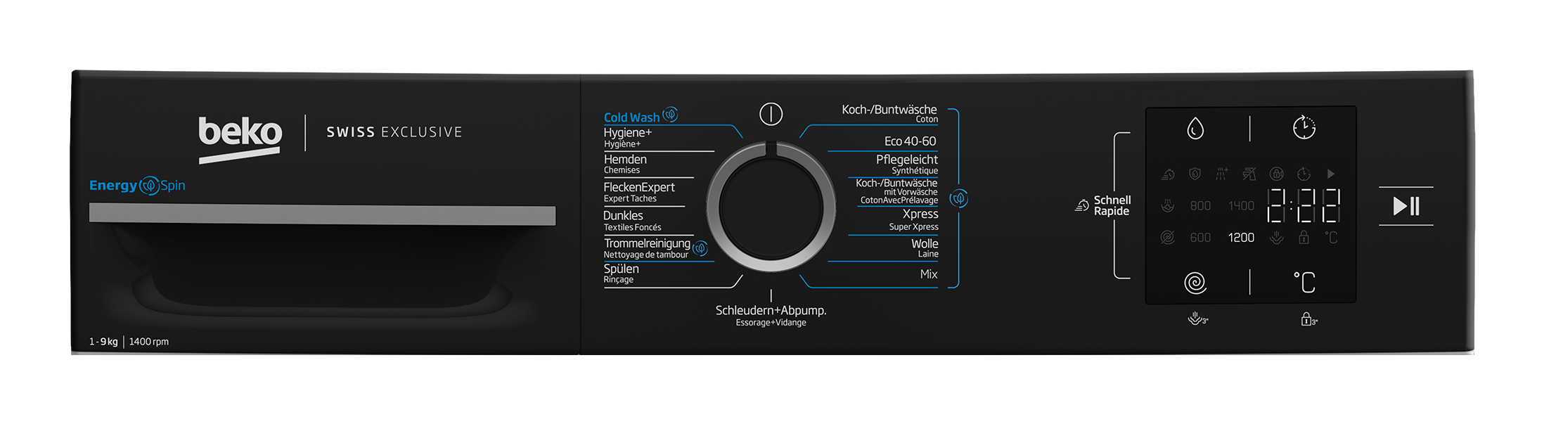 Pannello di controllo nero di una lavatrice Beko con manopola, pulsanti e display digitale.