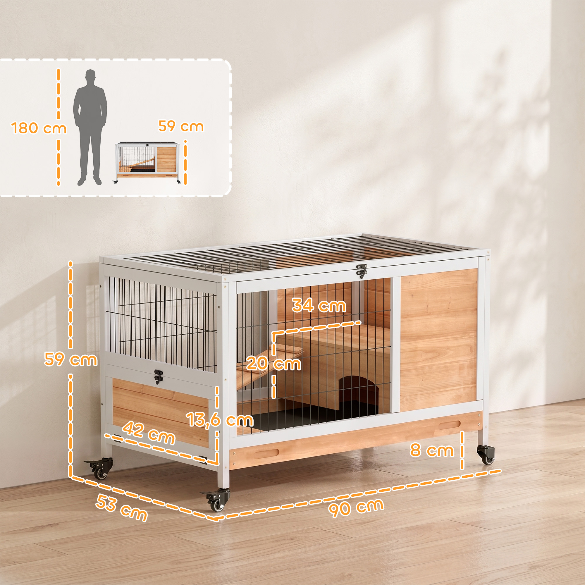 Una jaula de madera para animales pequeños con ruedas, dimensiones y una silueta humana para escala.