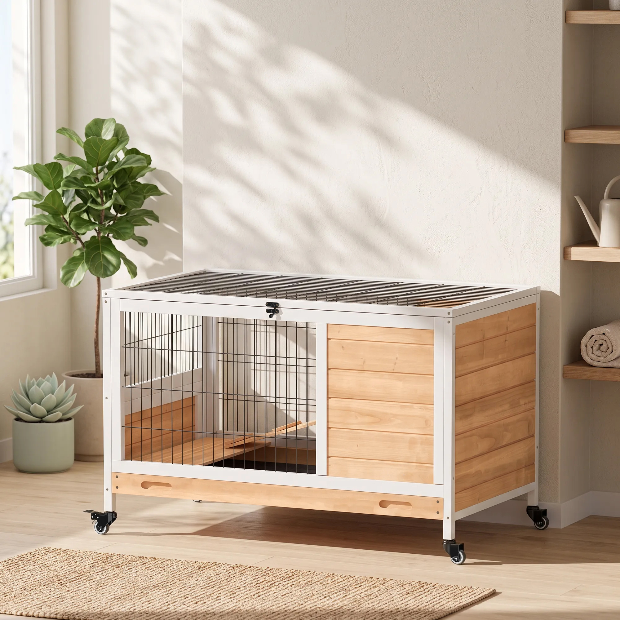 Una jaula de madera blanca con ruedas para animales pequeños en una habitación soleada.