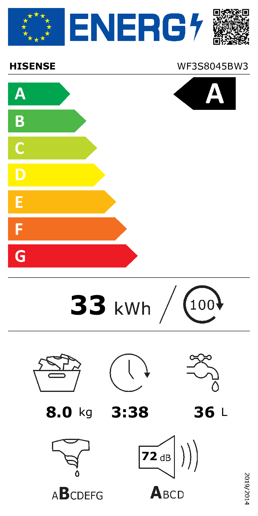 Etichetta energetica Hisense con classe A, 33 kWh, 8 kg di capacità e 72 dB di rumore.