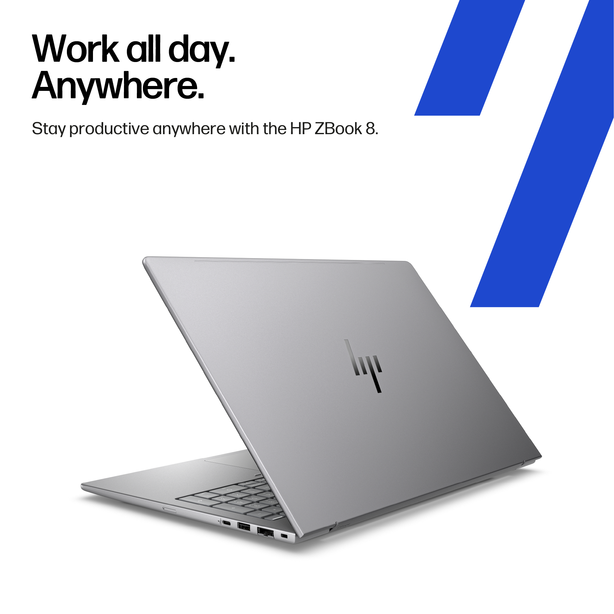Beyaz arkaplanda siyah metinli gümüş renkli bir HP ZBook 8 dizüstü bilgisayar.
