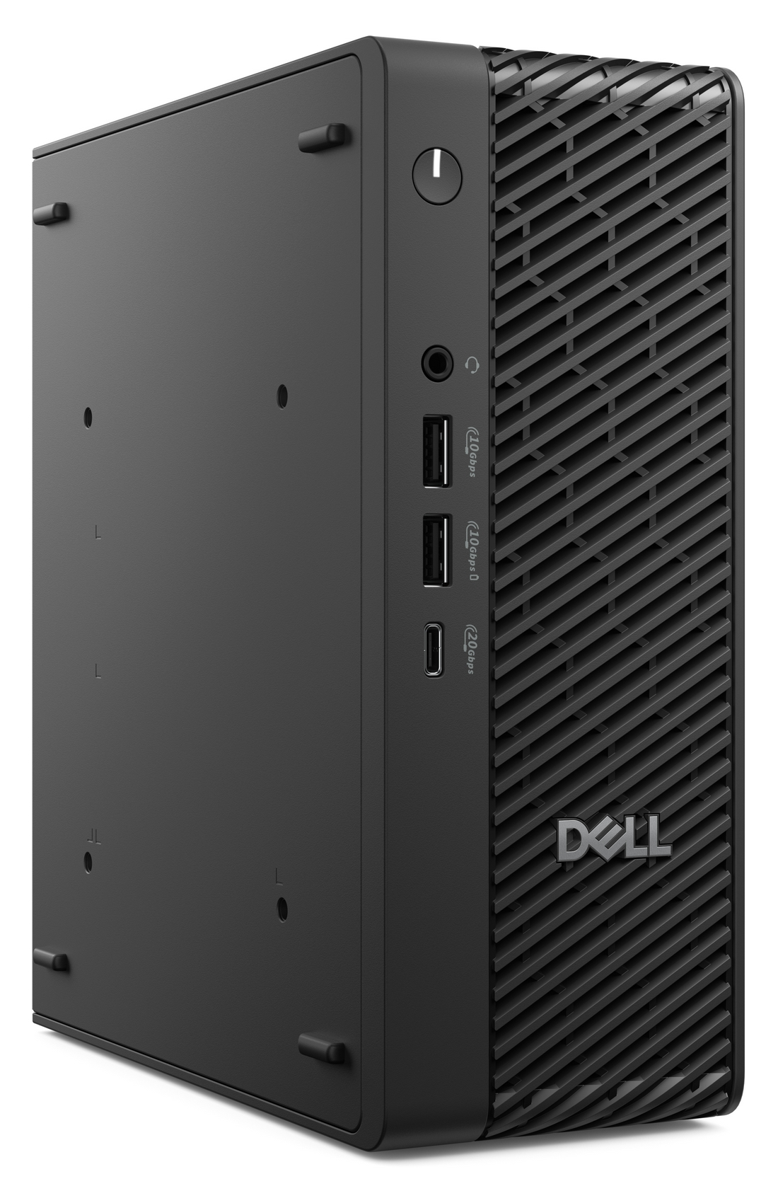 Computer desktop Dell nero e compatto con porte anteriori e pannello ventilato.