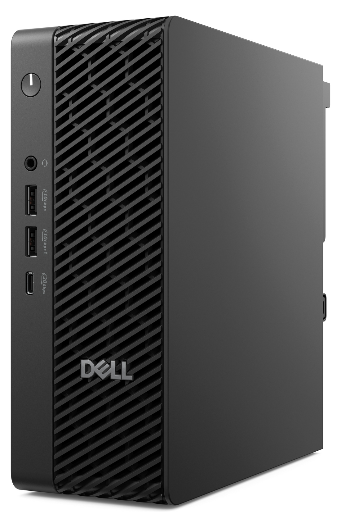 Un computer desktop Dell nero con porte anteriori e griglia di ventilazione su sfondo bianco.