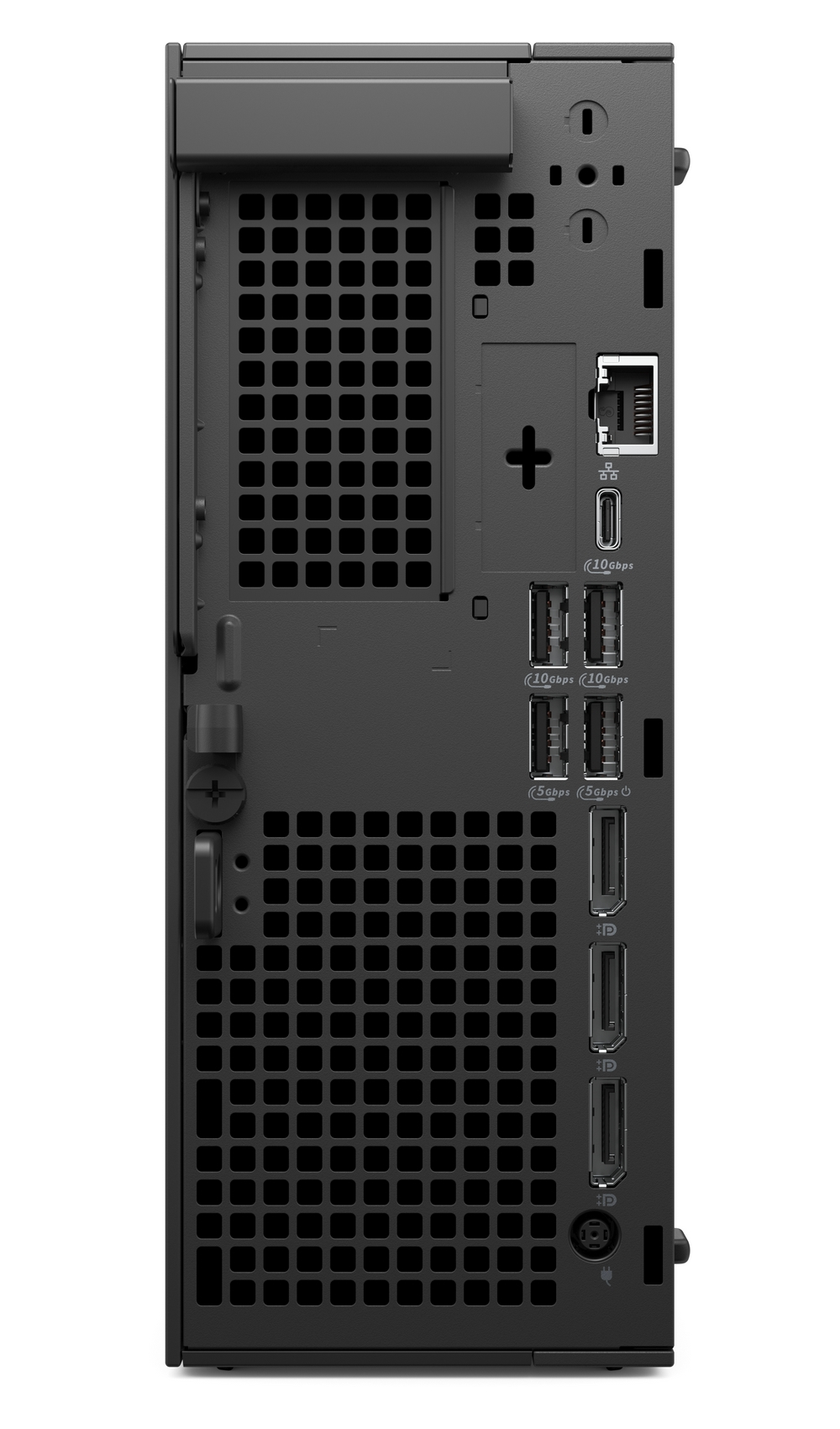 Vista posteriore di un case per computer nero con griglie di ventilazione e varie porte tra cui USB, LAN e DisplayPort.