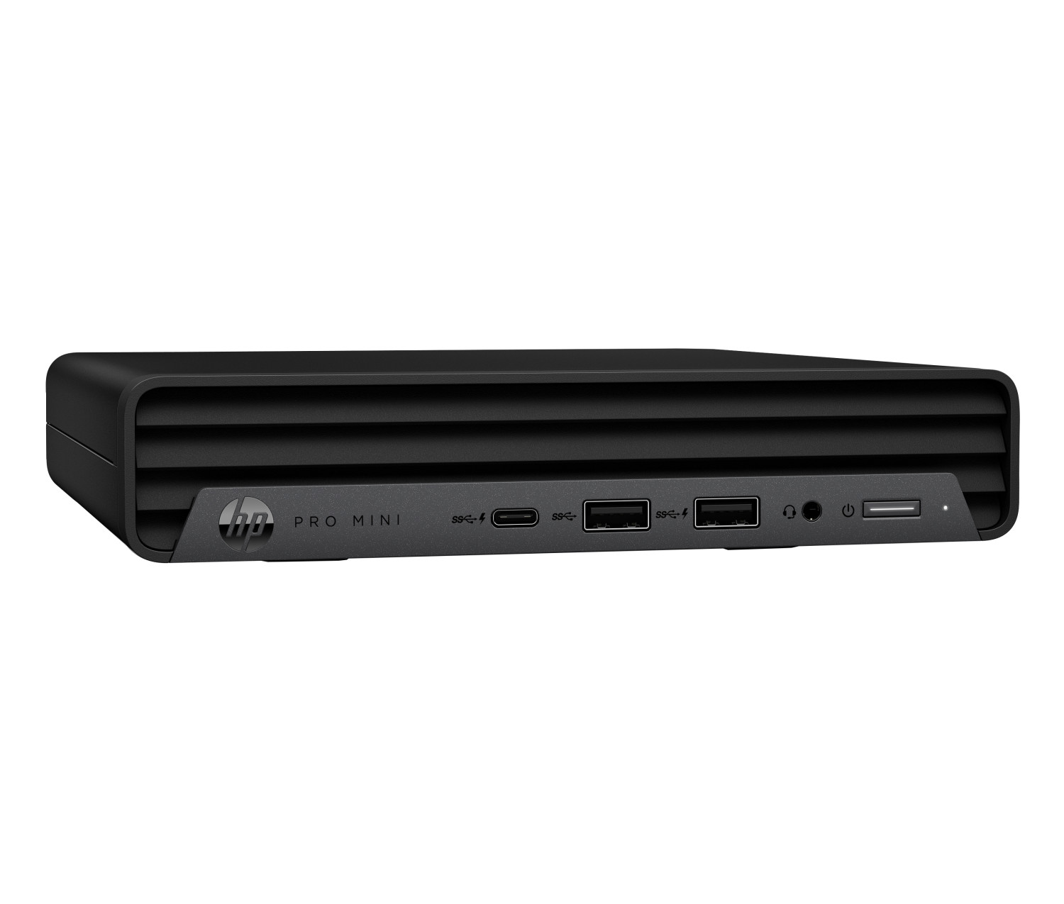 PC HP Pro Mini nero con porte anteriori e logo su sfondo bianco.