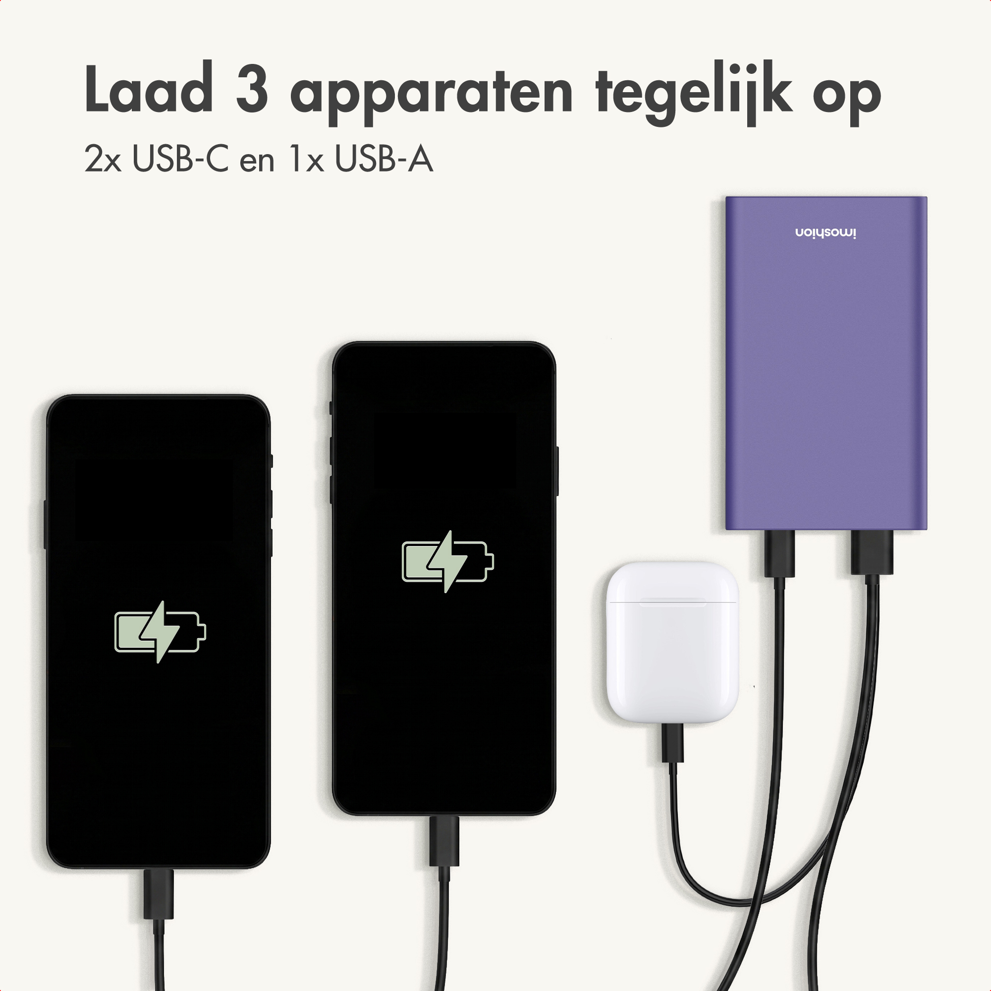 Un power bank viola ricarica contemporaneamente due smartphone e auricolari wireless.