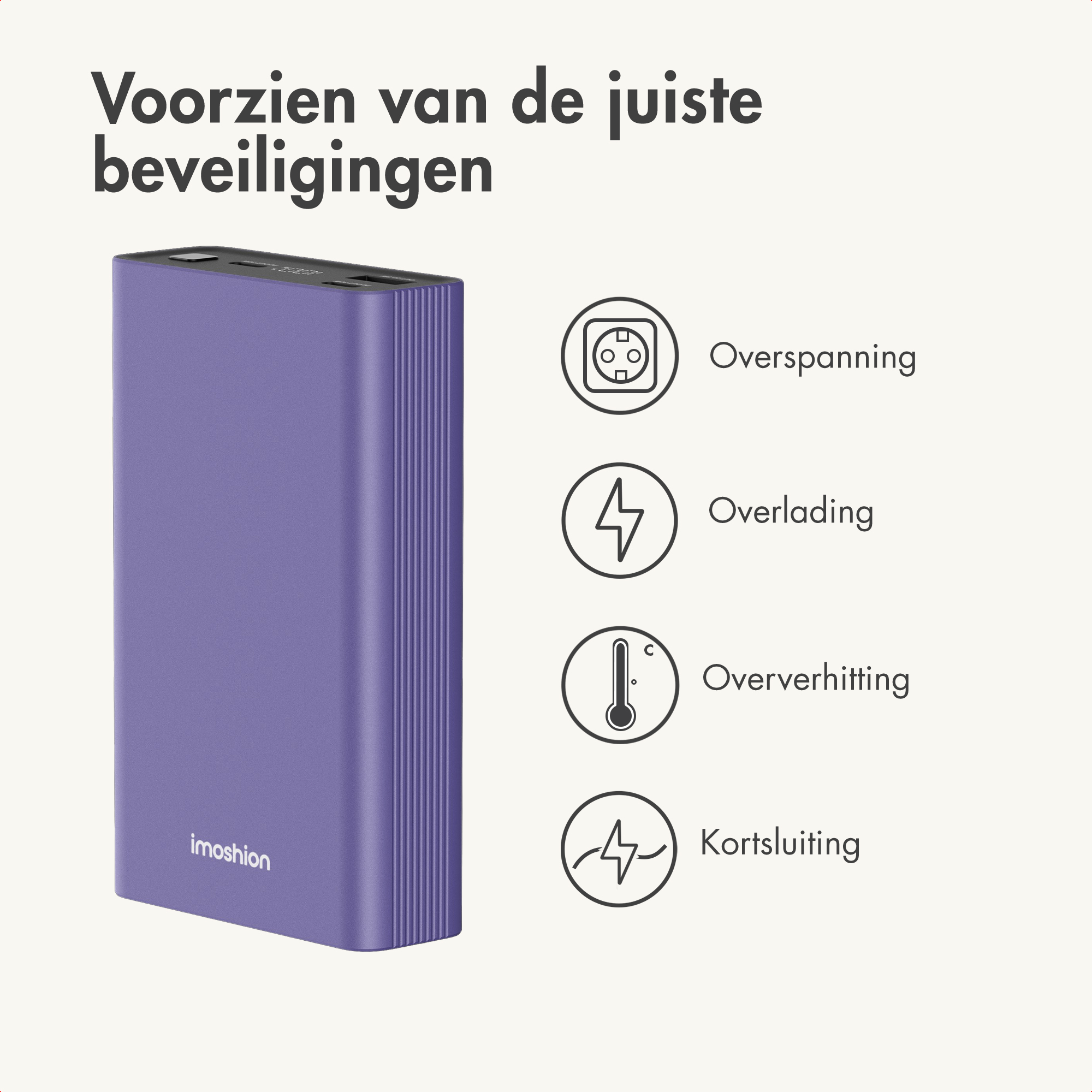 Un power bank viola accanto a quattro icone di sicurezza circolari.