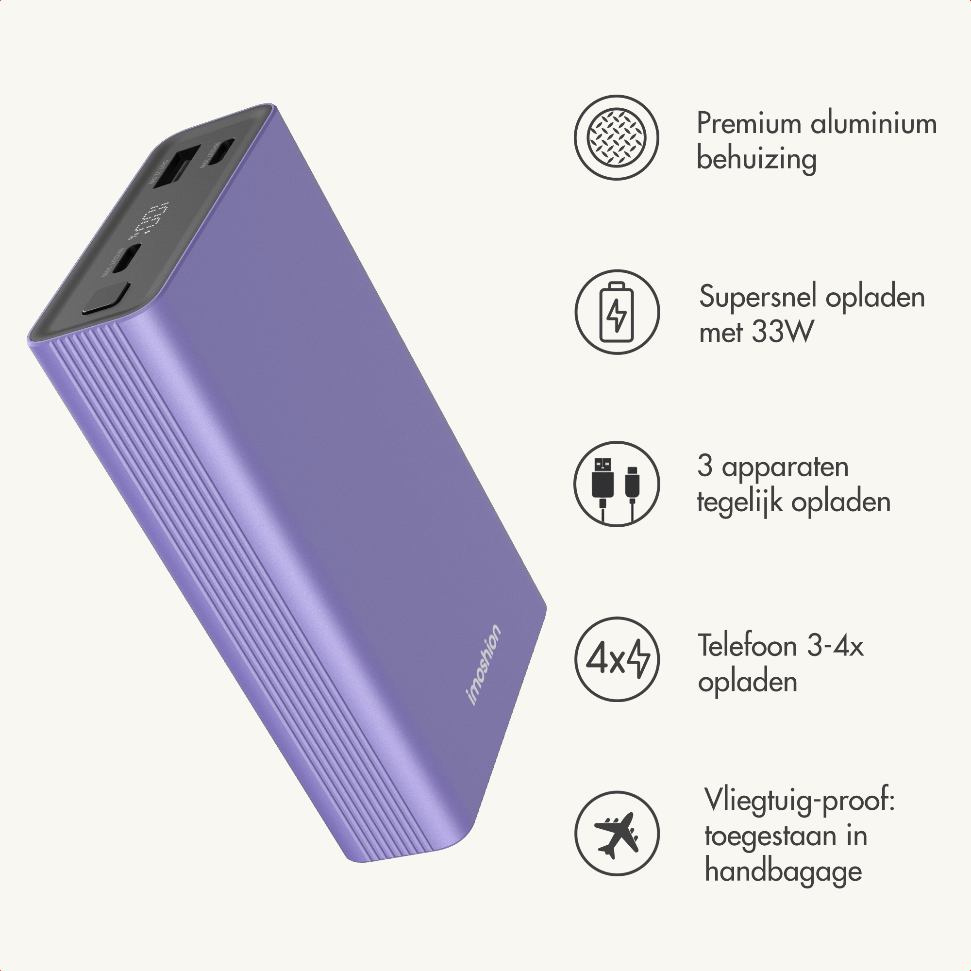 Un power bank viola con porte superiori e cinque icone a destra.
