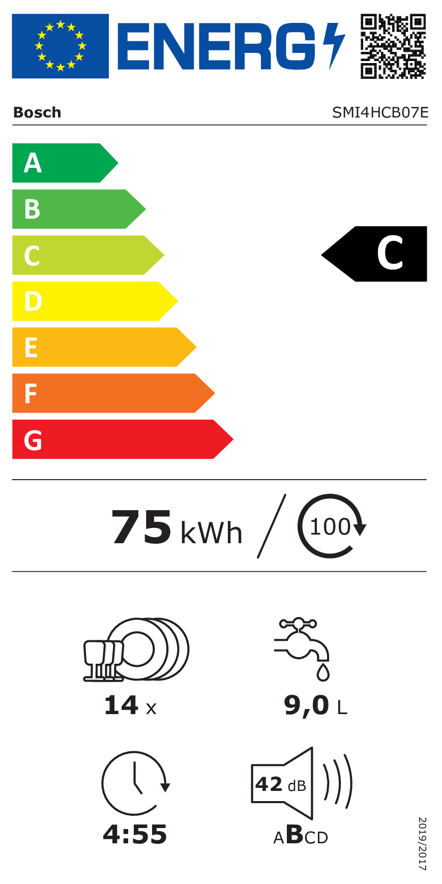 Étiquette énergie Bosch classe C, 75 kWh, 14 couverts, 9,0 L d'eau et 42 dB de bruit.