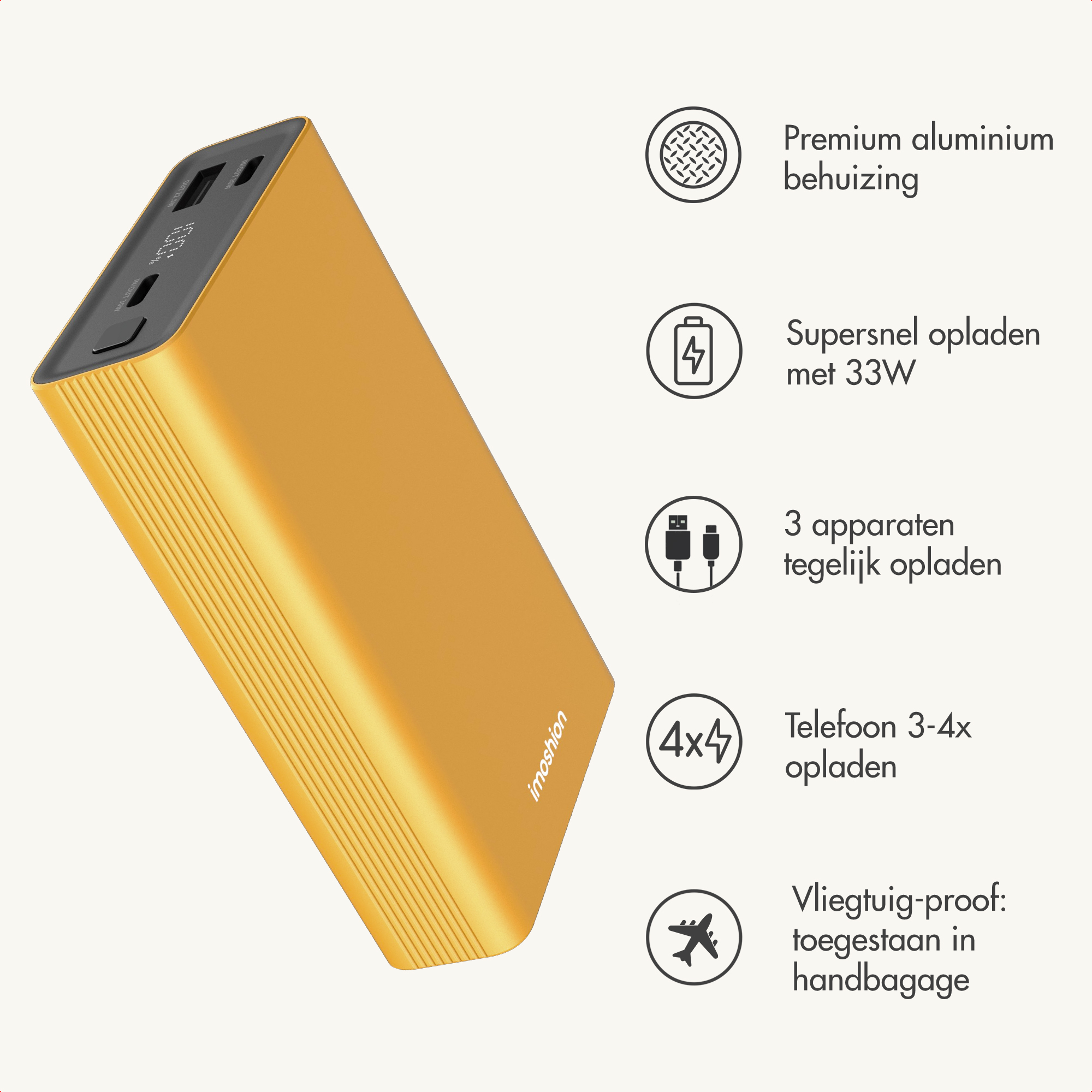 Batterie externe jaune sur fond clair avec cinq icônes et texte en néerlandais.
