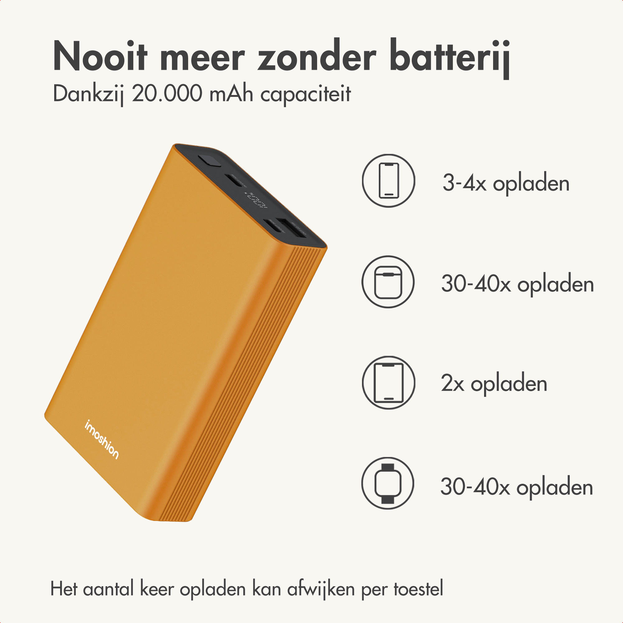 Batterie externe Imoshion orange de 20 000 mAh avec des icônes de charge à côt é.