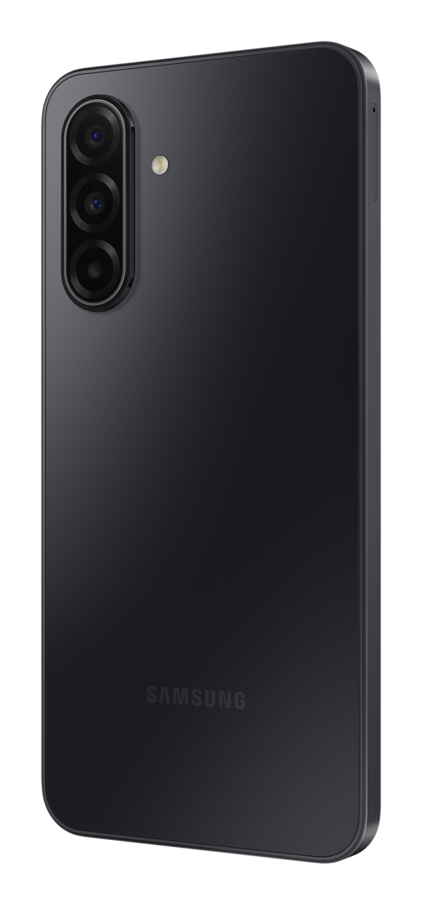 Vista posteriore di uno smartphone nero con modulo tripla fotocamera verticale e logo Samsung.