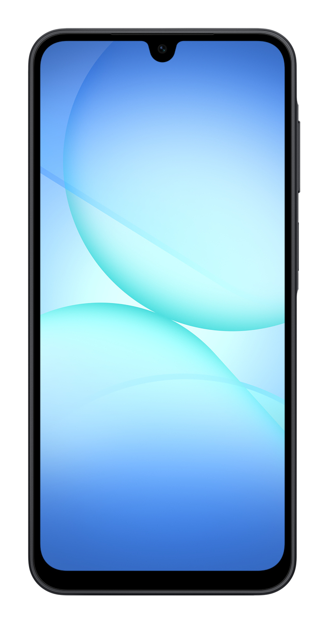 Uno smartphone con cornice nera mostra uno sfondo blu con linee curve chiare.