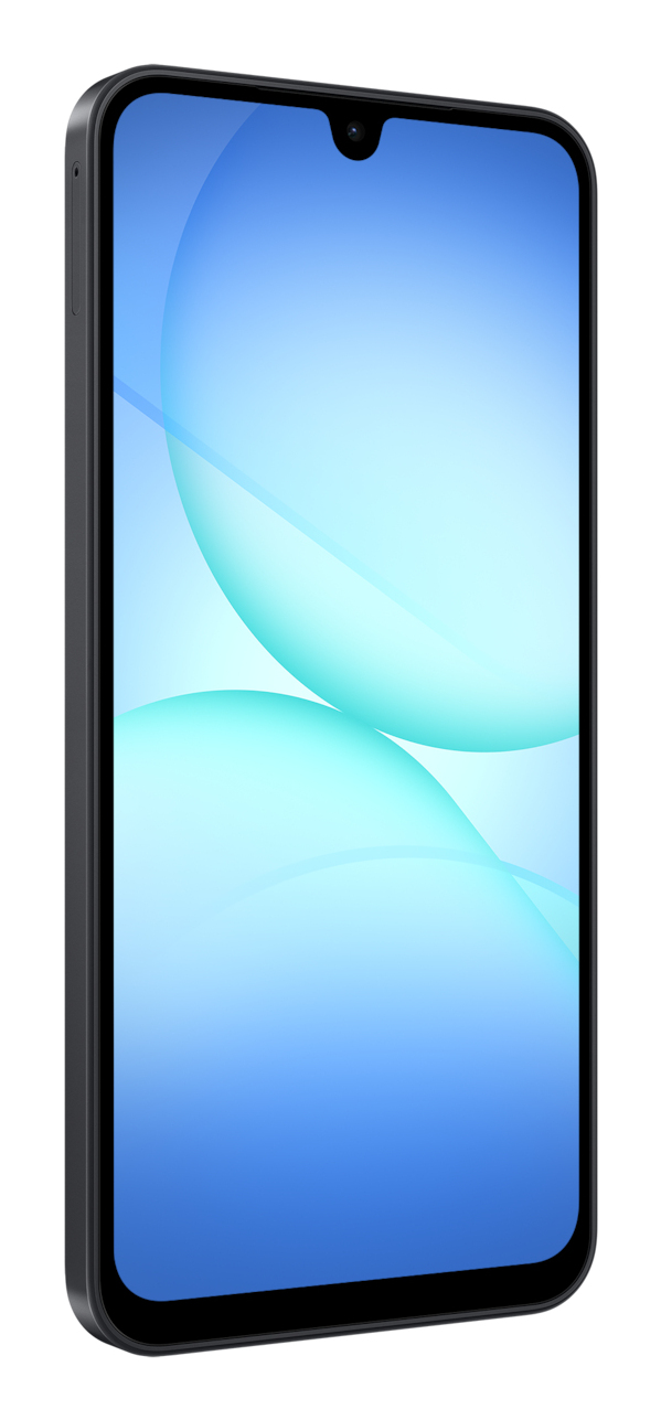Uno smartphone nero con sfondo azzurro inclinato a sinistra, con una tacca per la fotocamera.