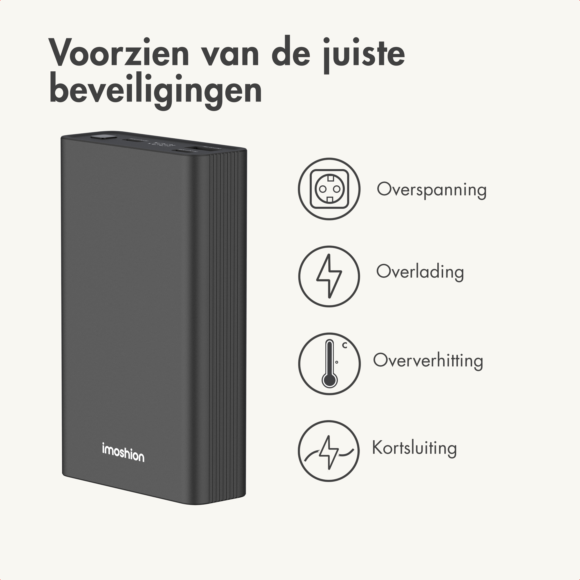 Un power bank nero con quattro icone di sicurezza per sovratensione, sovraccarico, surriscaldamento e cortocircuito.