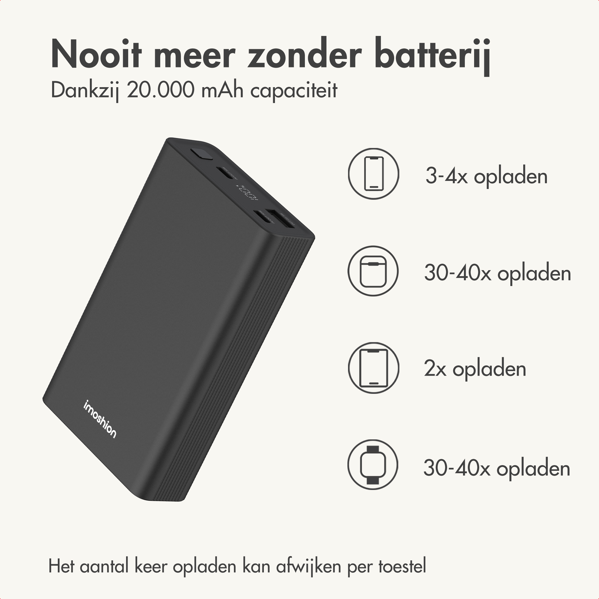 Power bank Imoshion nera da 20.000 mAh con capacità di ricarica per vari dispositivi.