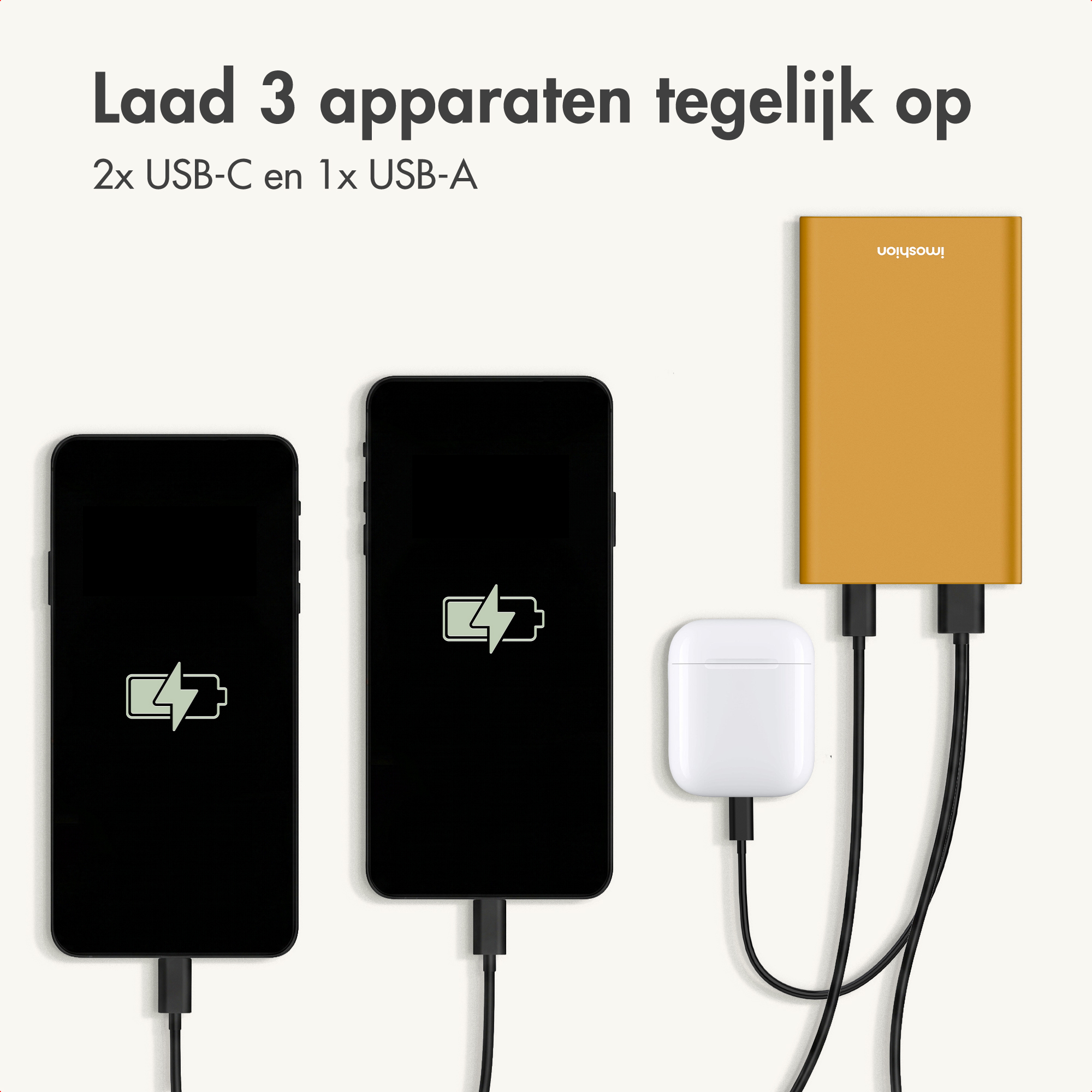 Une batterie externe orange charge simultanément deux smartphones noirs et des écouteurs blancs.