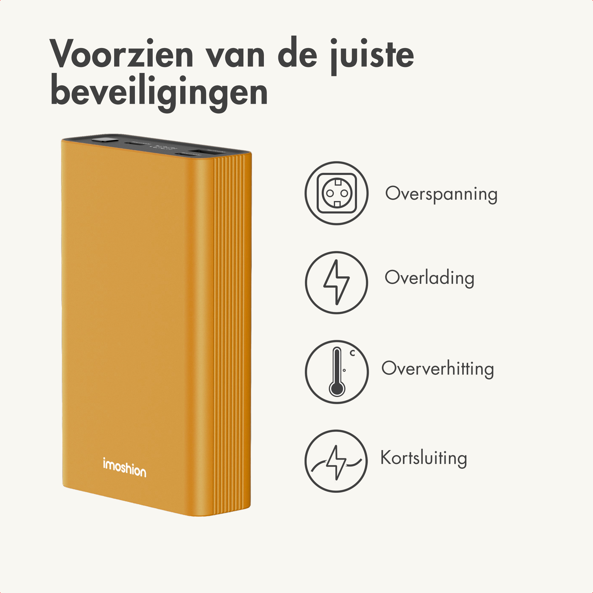 Batterie externe jaune à gauche, avec quatre icônes de sécurité et du texte.