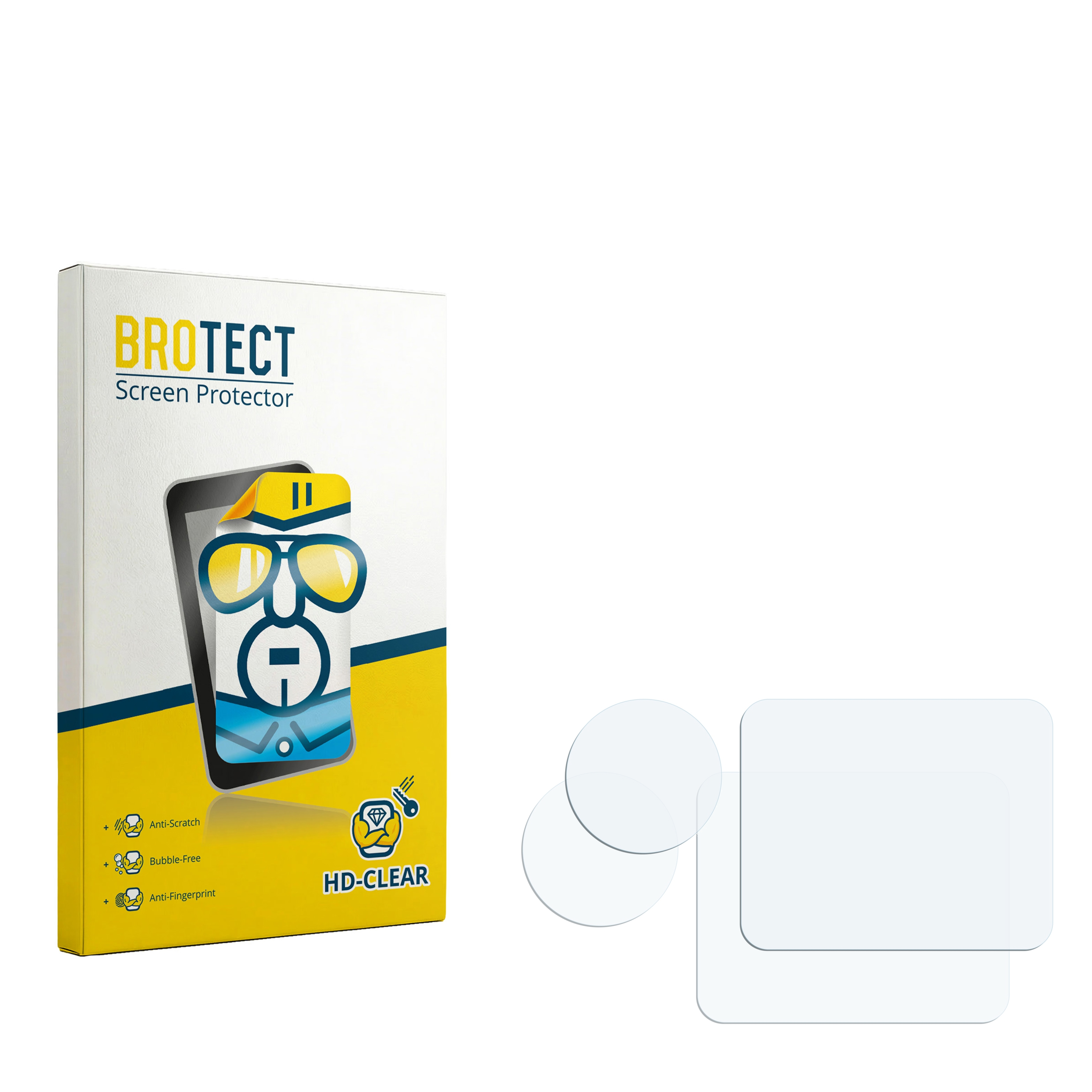 BROTECT HD-Clear Displayschutzfolie Verpackung neben zwei runden und zwei rechteckigen Schutzfolien.