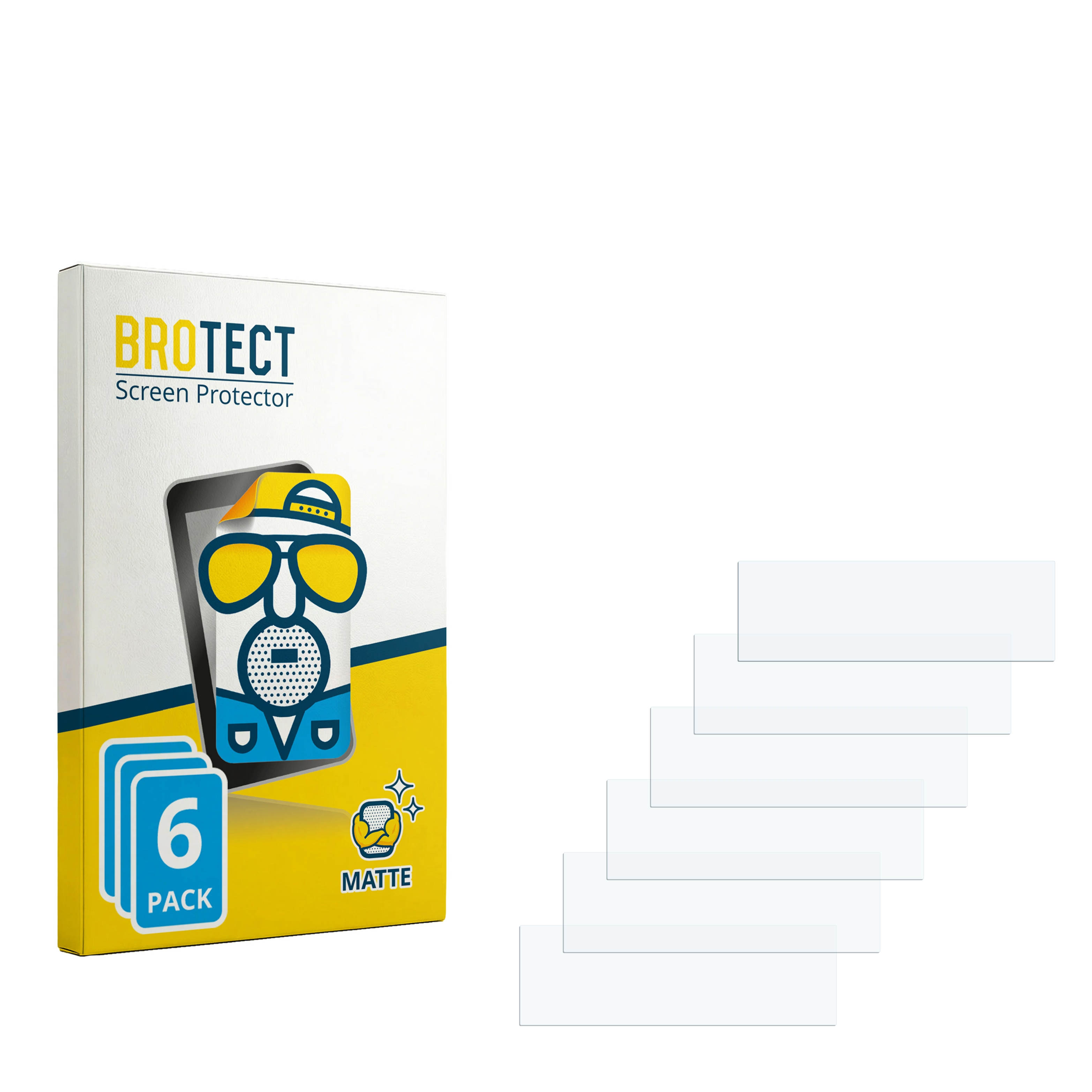 BROTECT Displayschutzfolie 6er-Pack in Verpackung mit sechs einzelnen transparenten Folien daneben.