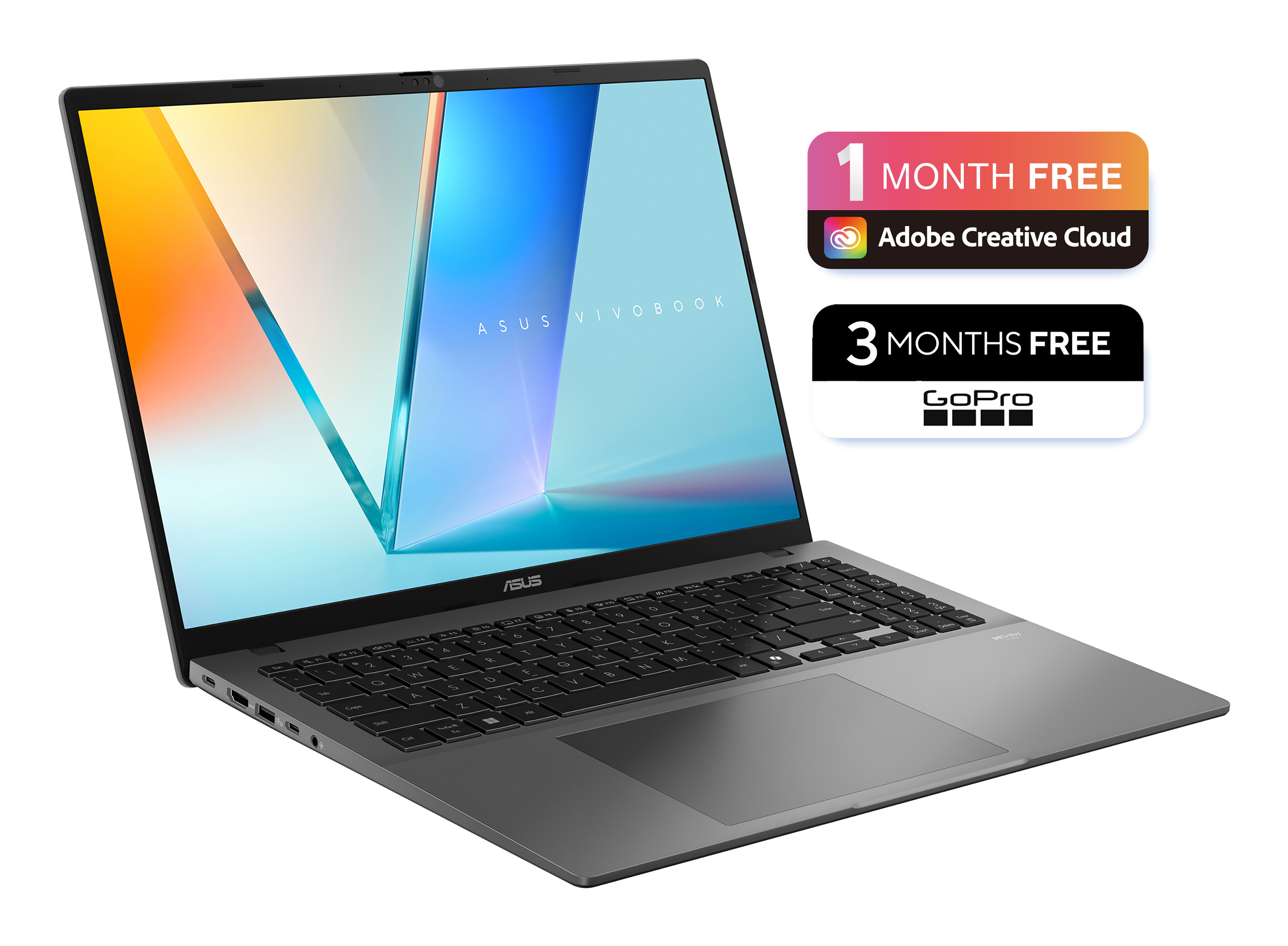 Ein ASUS Vivobook Laptop mit buntem Bildschirm und Gutscheinen für Adobe Creative Cloud und GoPro.