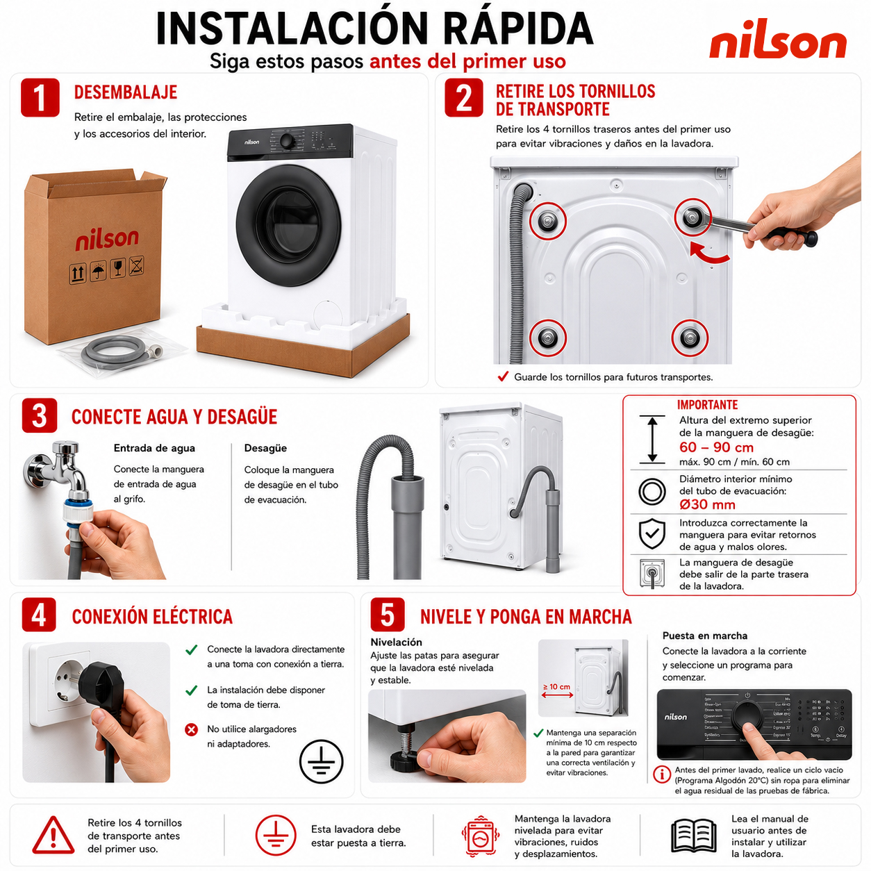 Guía de instalación rápida para una lavadora Nilson en cinco pasos: desembalaje, tornillos, agua, corriente y nivelación.