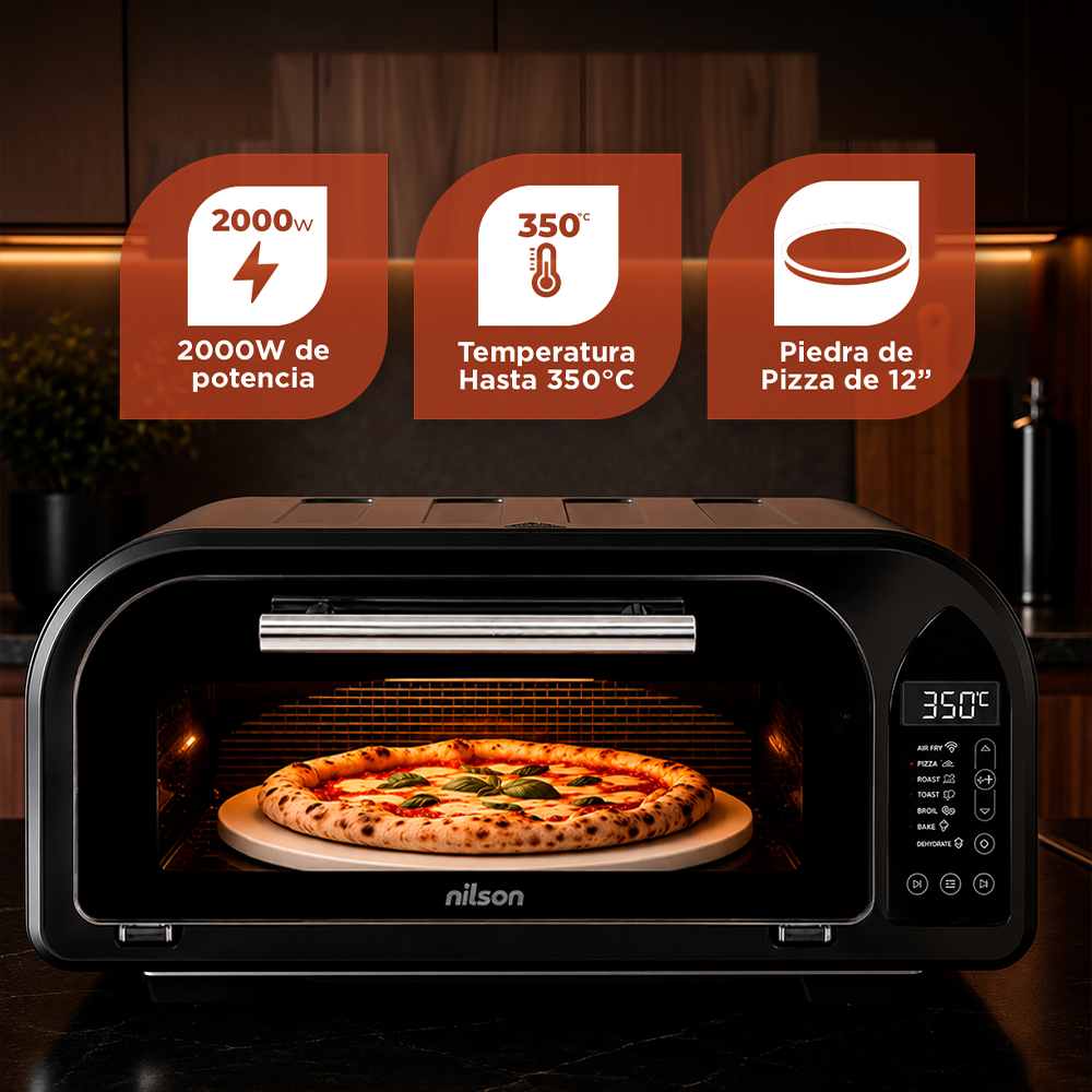 Un horno negro con pizza dentro, con tres iconos rojos arriba sobre potencia, temperatura y piedra.