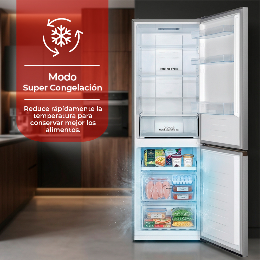 Frigorífico abierto con congelador iluminado y alimentos, junto a texto sobre el modo de súper congelación.