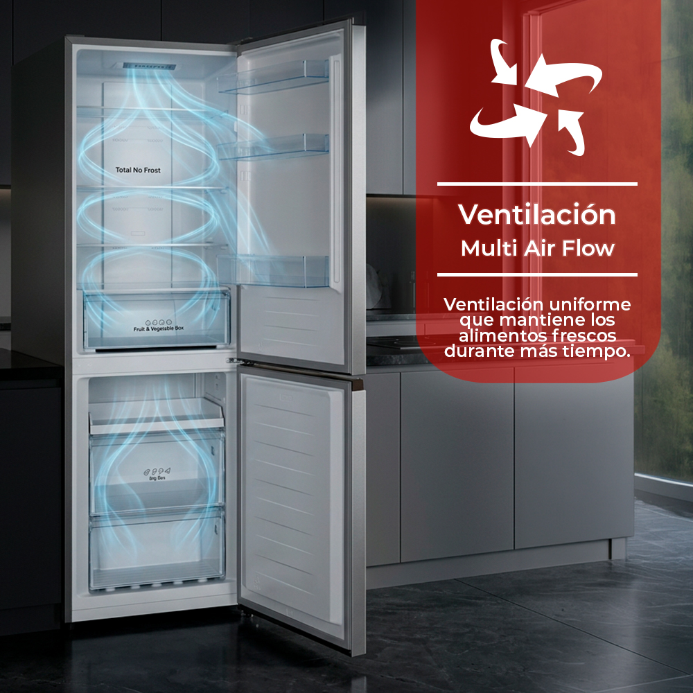 Frigorífico abierto con tecnología Multi Air Flow en una cocina moderna.