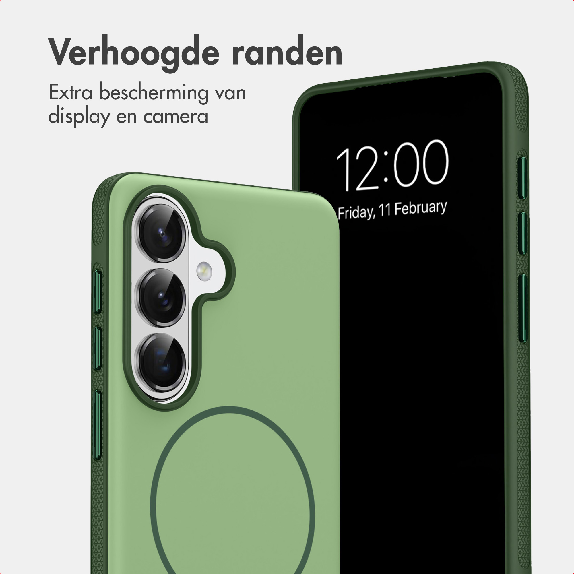 Grüne Handyhülle mit integriertem MagSafe-Ring und Ausschnitt für drei Kameras.