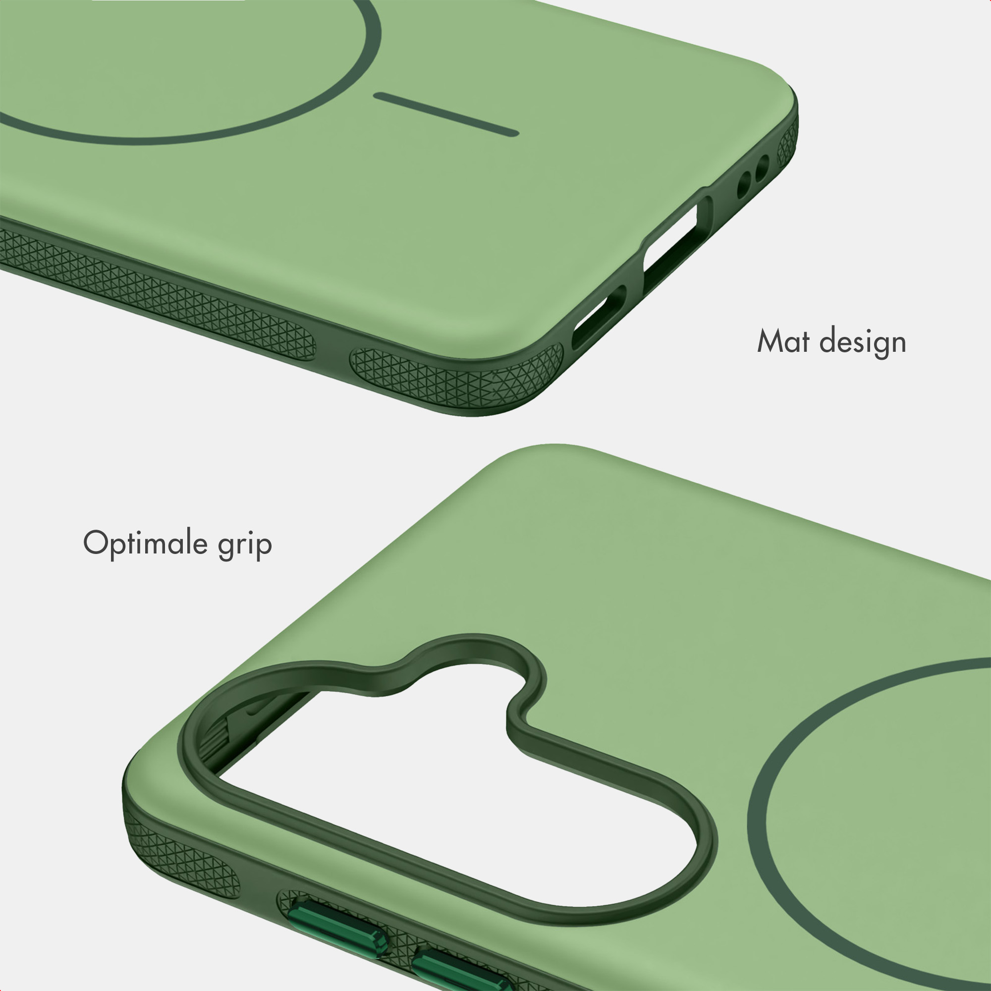 Grüne Handyhülle mit mattem Design und strukturiertem Griff für optimalen Halt.