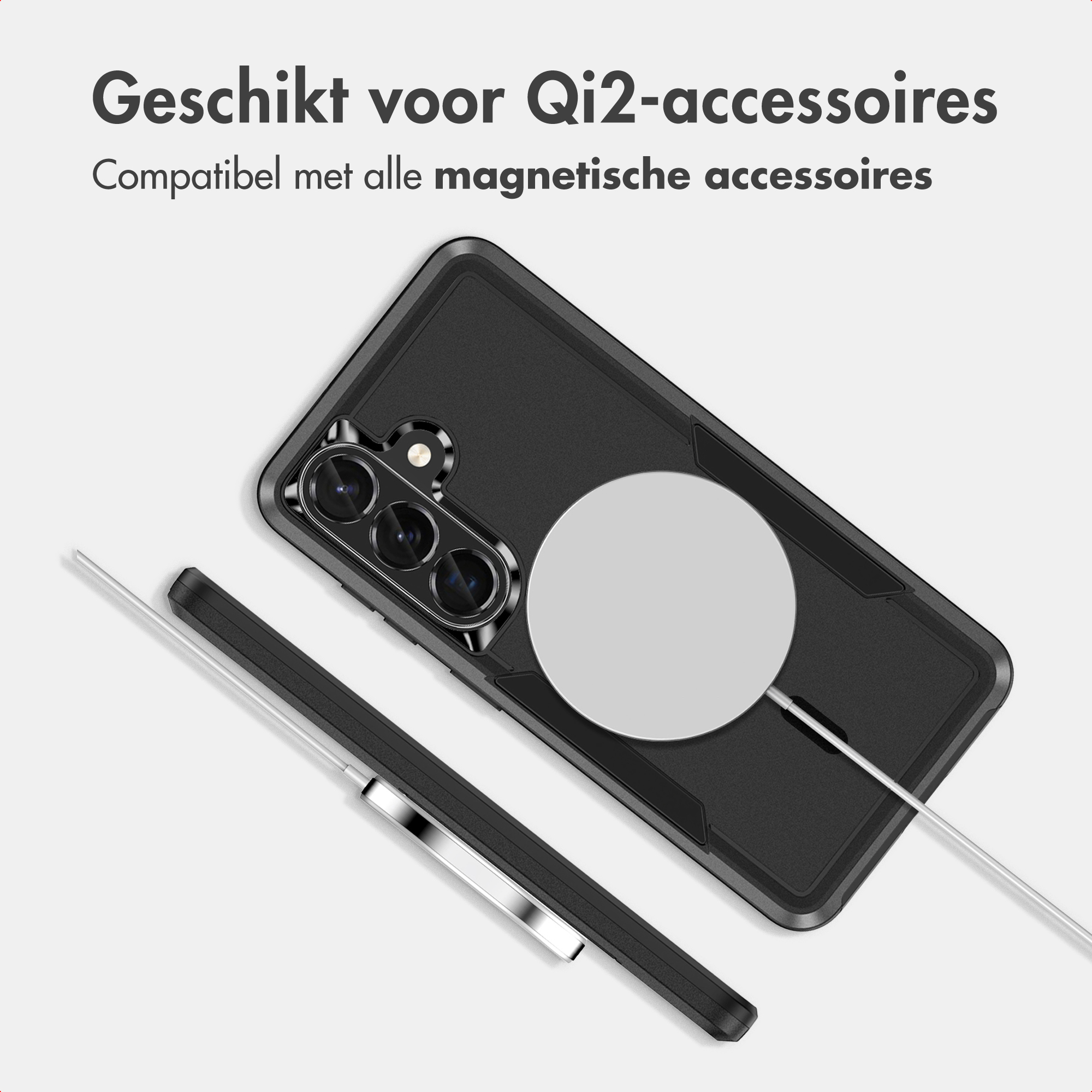 Une coque de téléphone noire avec anneau magnétique, vue de dos et de côté, sur fond blanc avec texte.