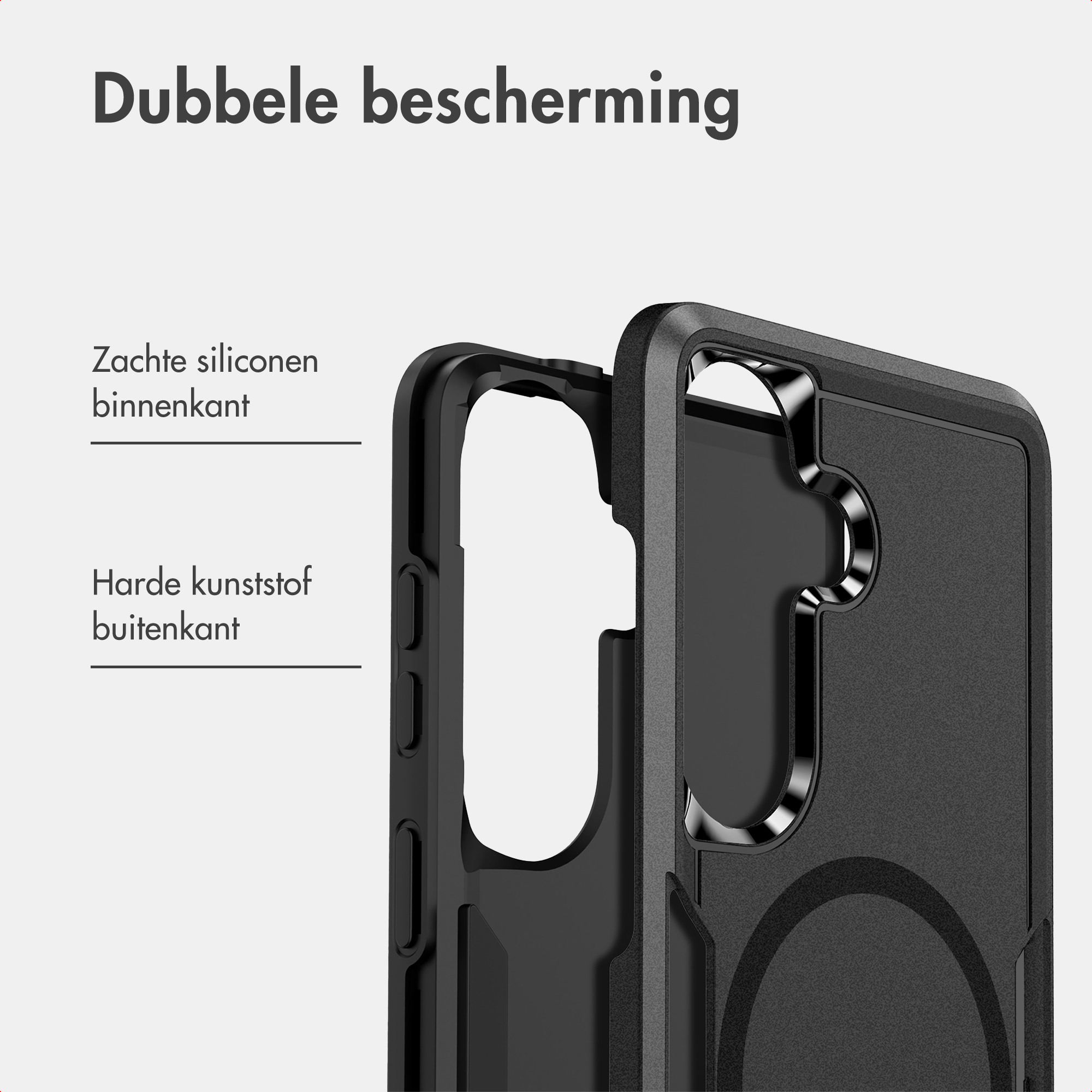 Une coque de téléphone noire à double couche avec silicone souple et plastique dur.