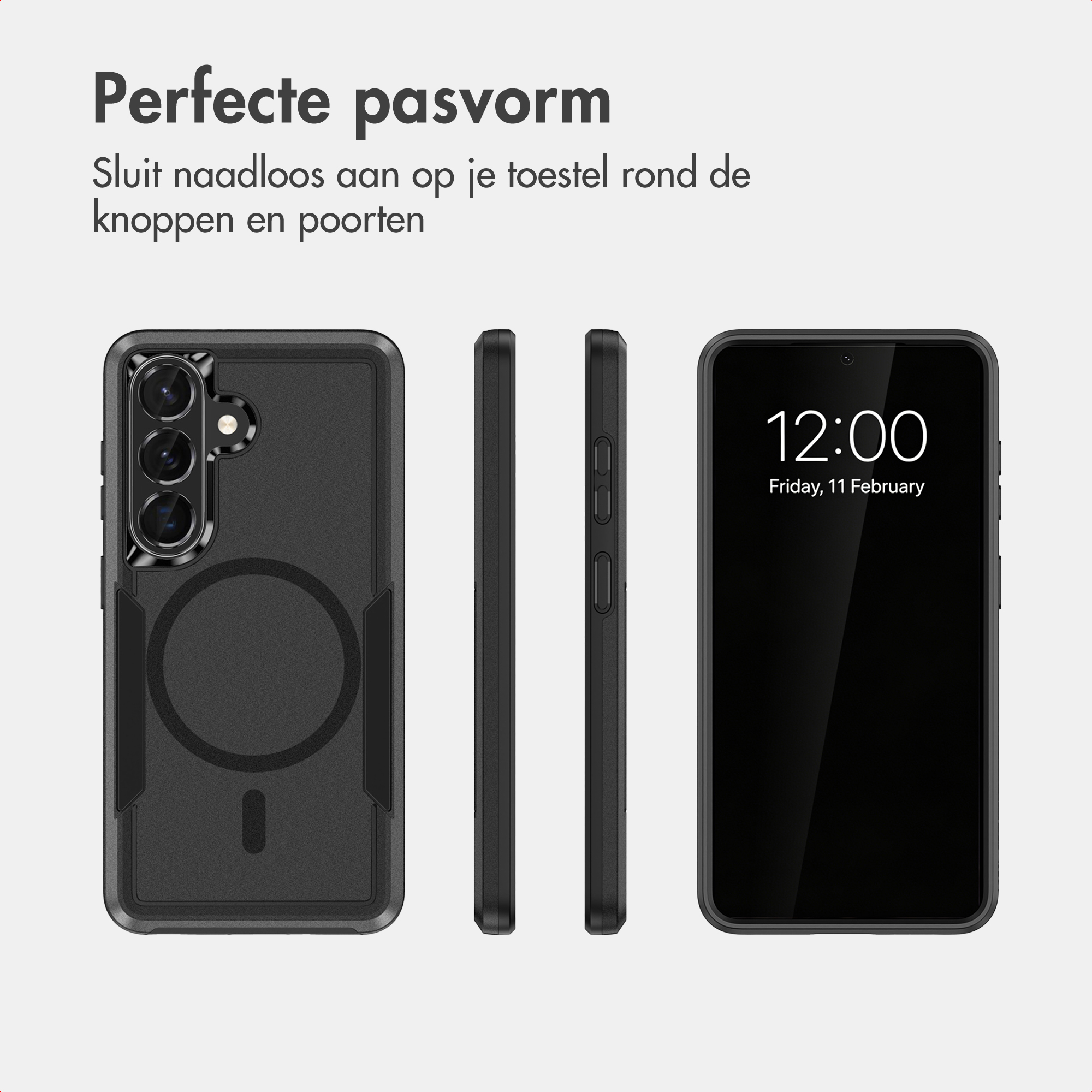 Coque de protection noire pour téléphone avec découpes pour boutons et appareil photo.