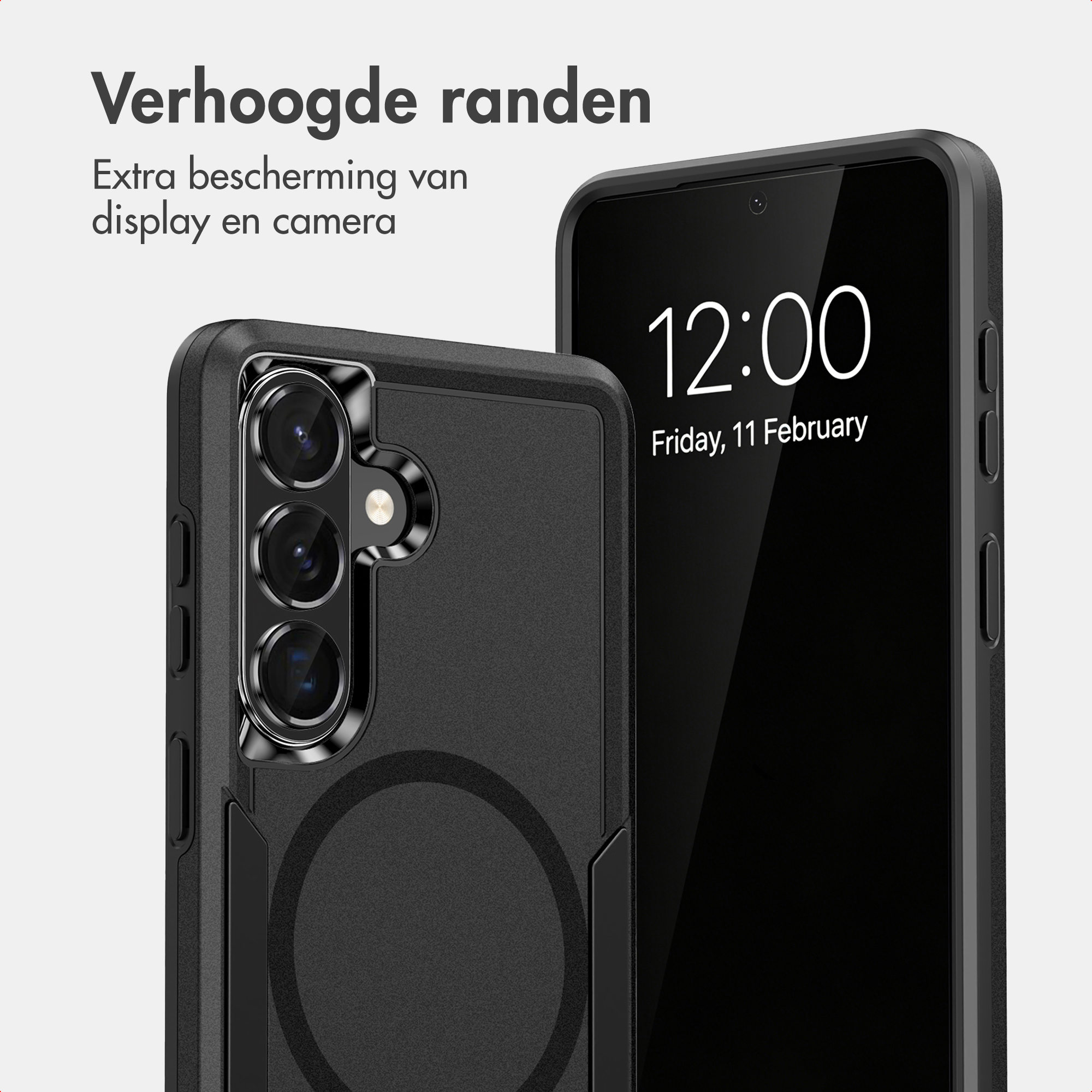 Coque de téléphone noire mettant en valeur les bords surélevés pour protéger l'écran et l'appareil photo.