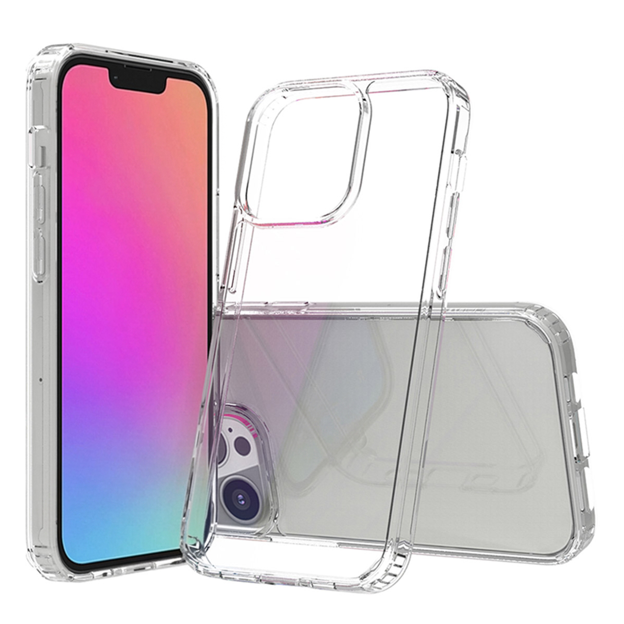 Uno smartphone con schermo vibrante in custodia trasparente, accanto a viste separate di custodie su sfondo bianco.