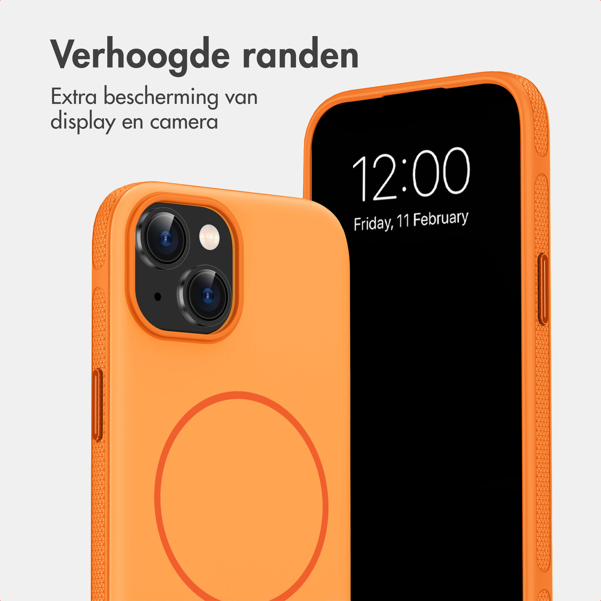 Twee oranje smartphonehoesjes op een grijze achtergrond met Nederlandse tekst.