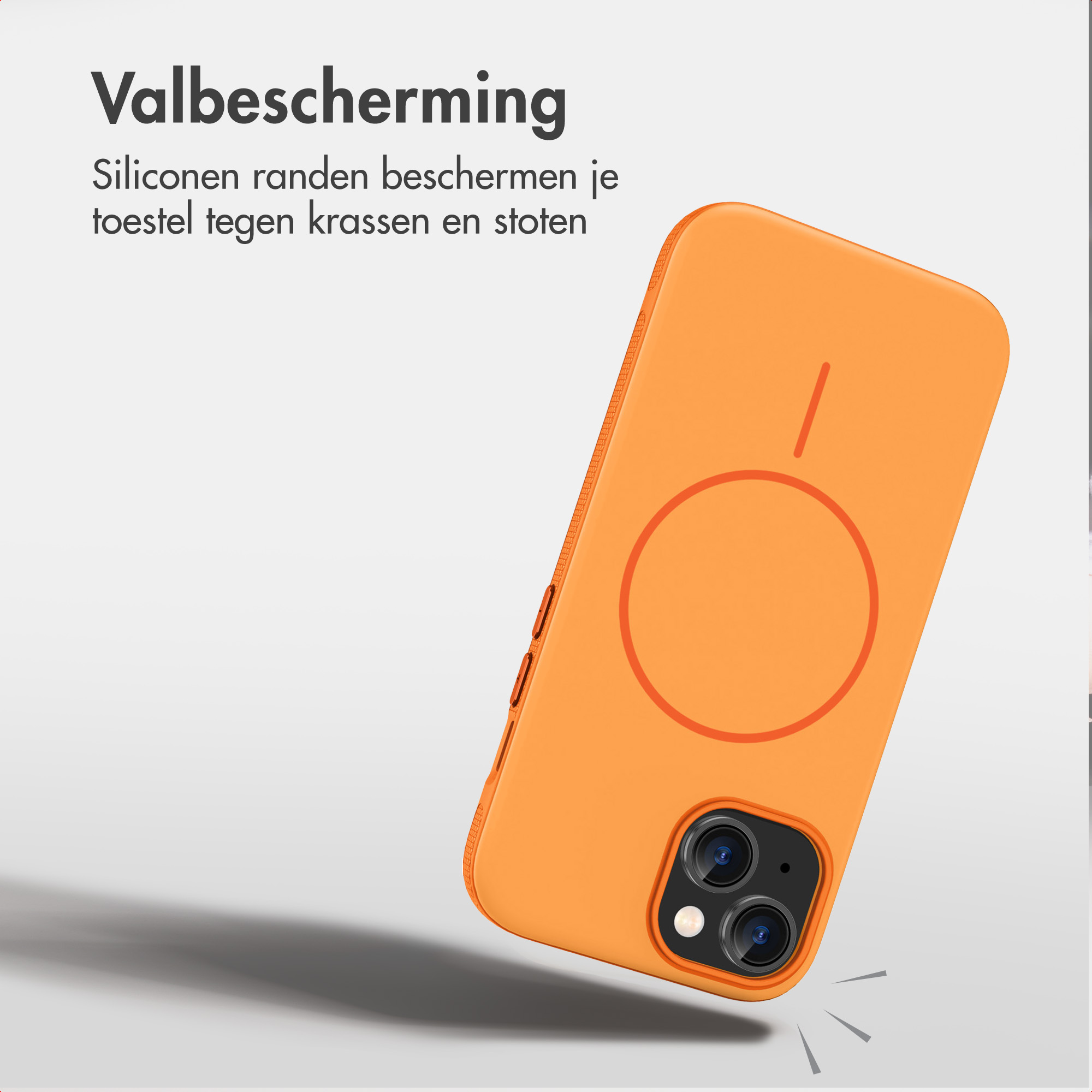 Een oranje telefoonhoesje met MagSafe-ring op een lichte achtergrond met tekst.