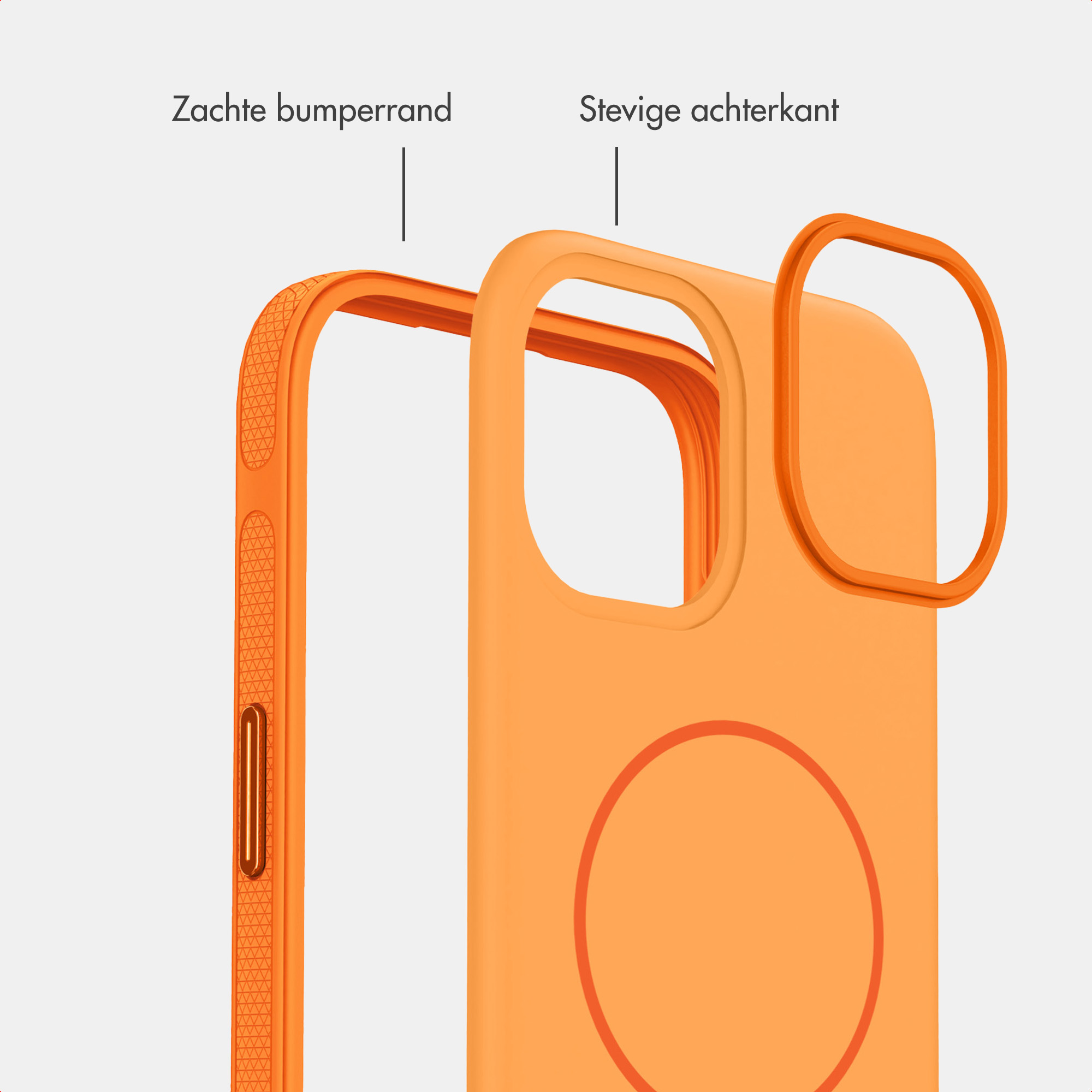 Oranje telefoonhoesje met zachte bumperrand en stevige achterkant.