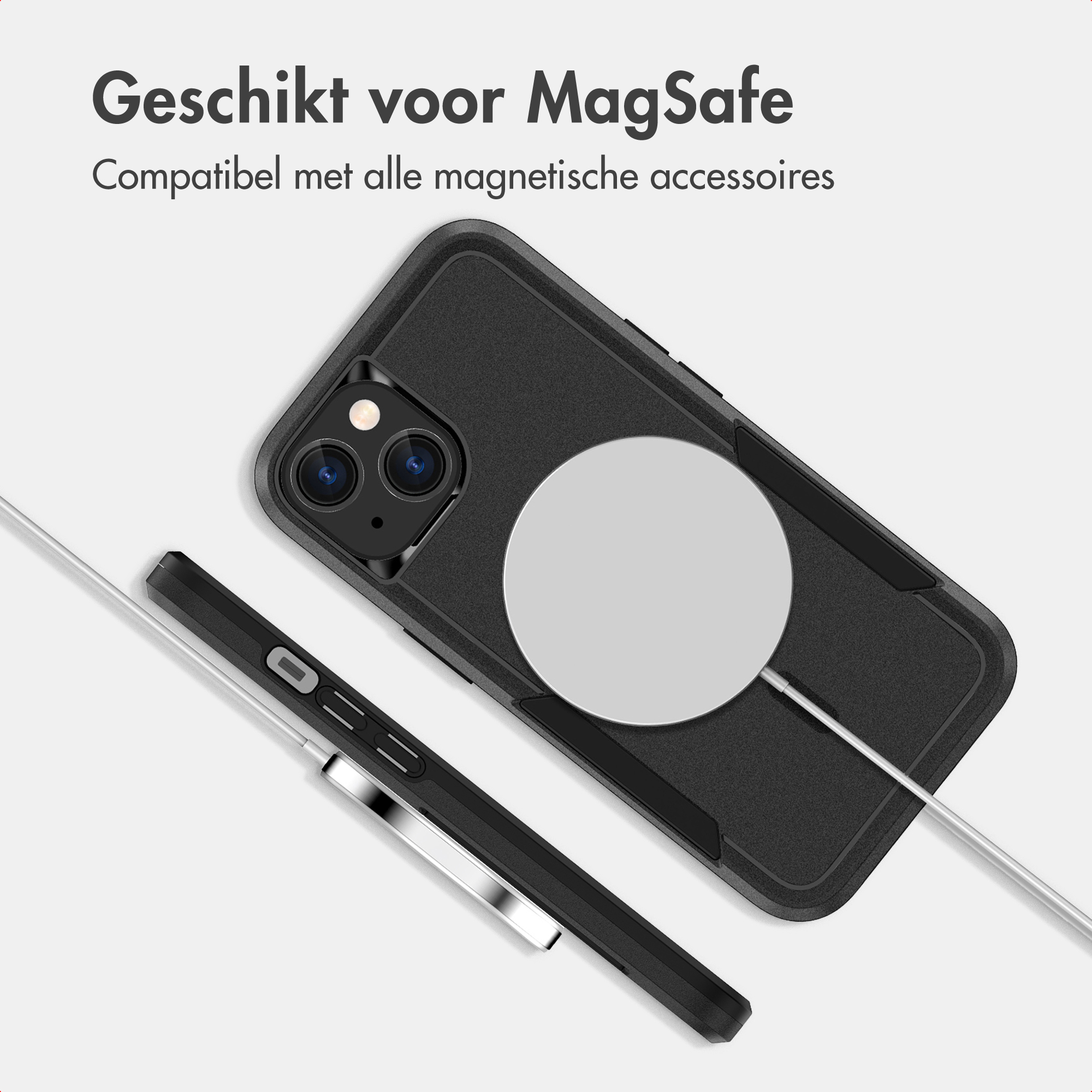 Zwarte telefoonhoes met MagSafe lader en Nederlandse tekst.