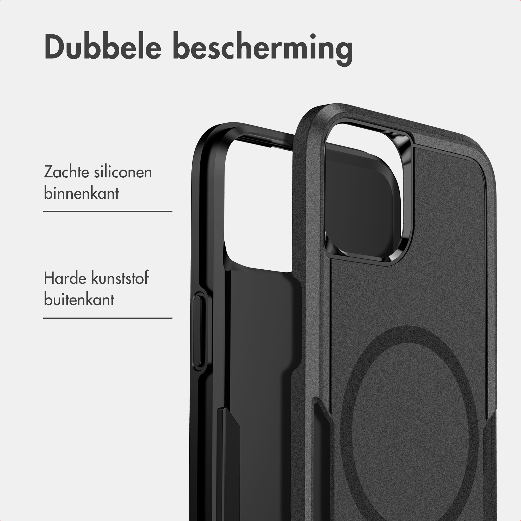 Zwarte telefoonhoes met dubbele bescherming: zachte siliconen binnenkant en harde kunststof buitenkant.