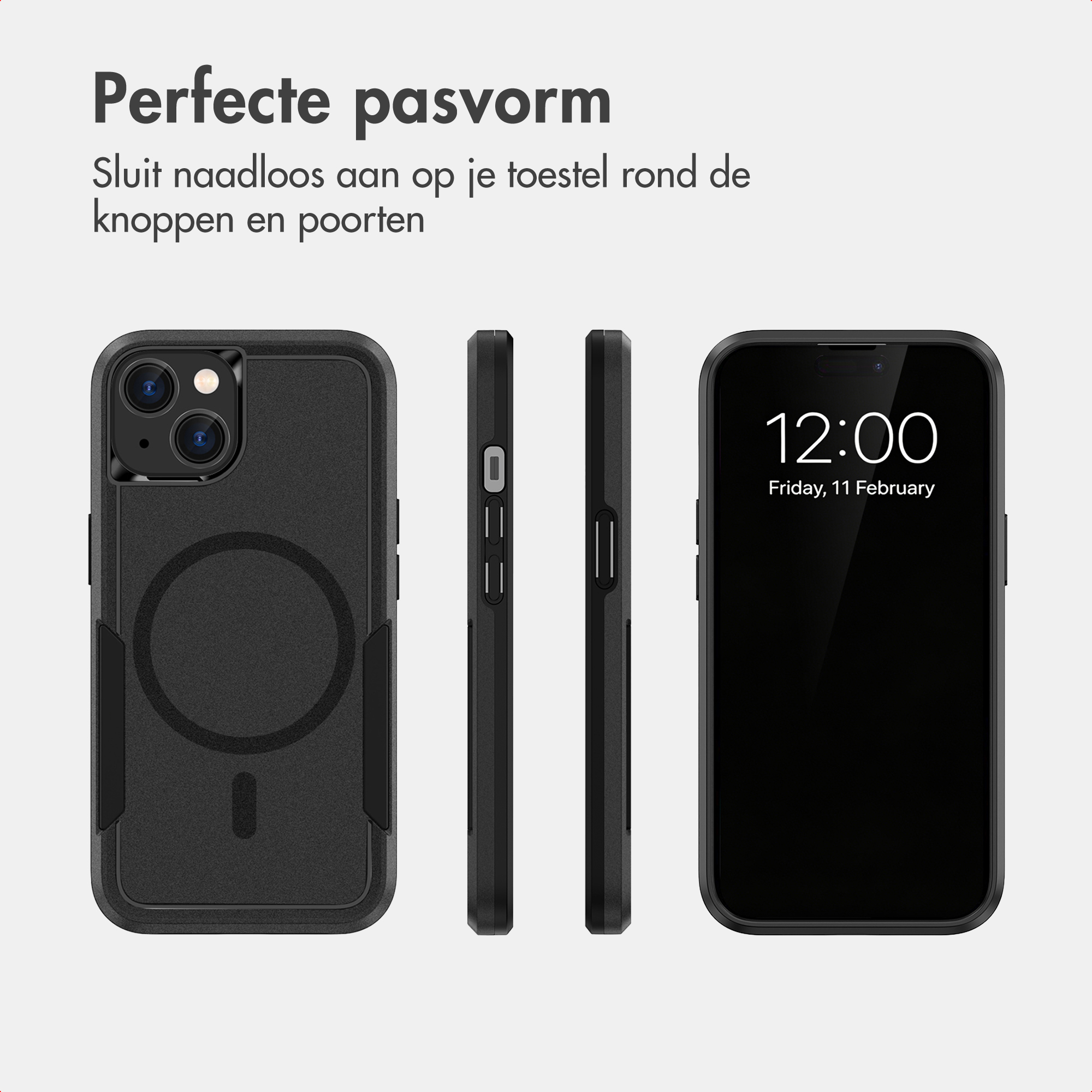 Zwarte smartphonehoes getoond vanuit meerdere hoeken met tekst.