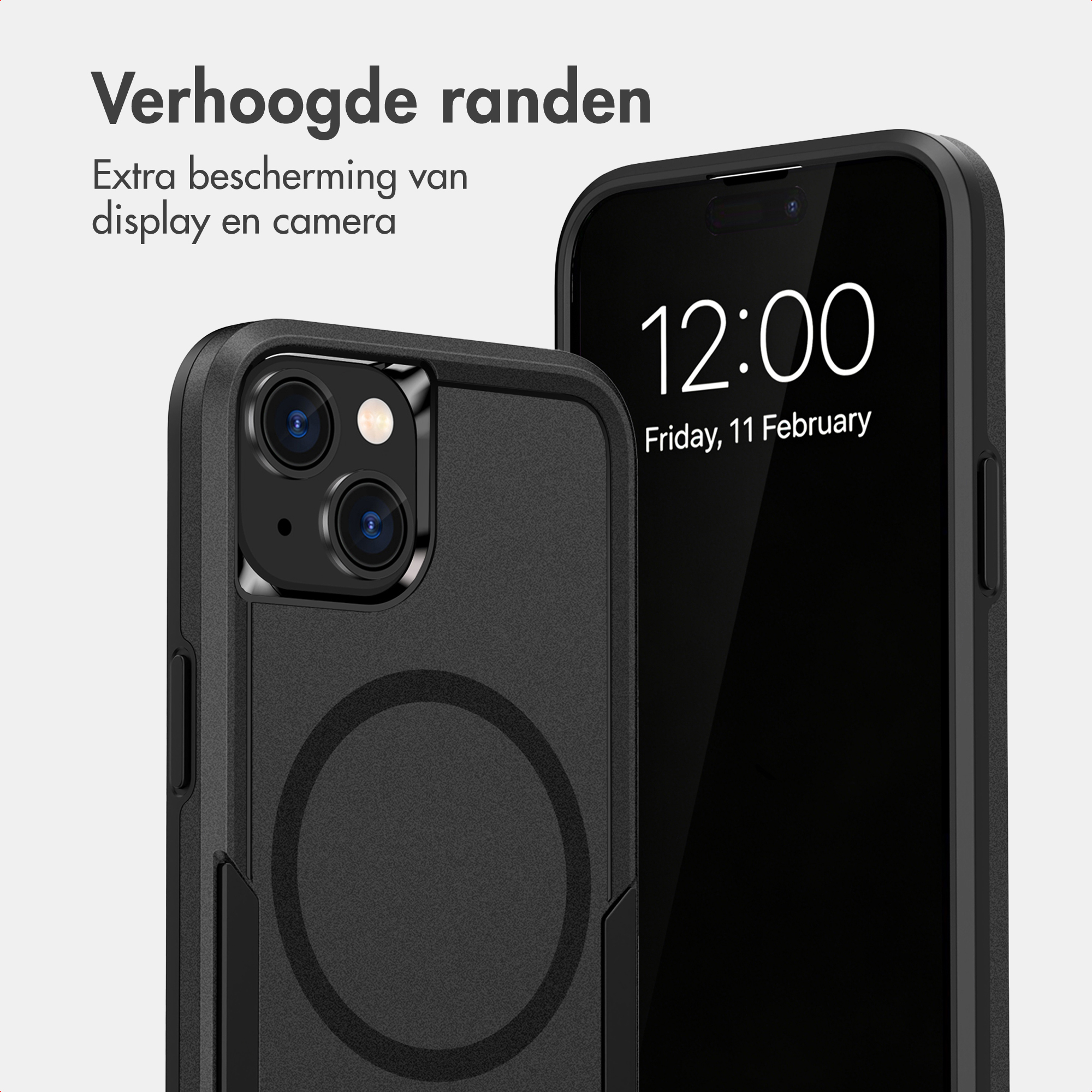 Twee zwarte smartphones met beschermhoesjes tonen de voor- en achterkant tegen een witte achtergrond.