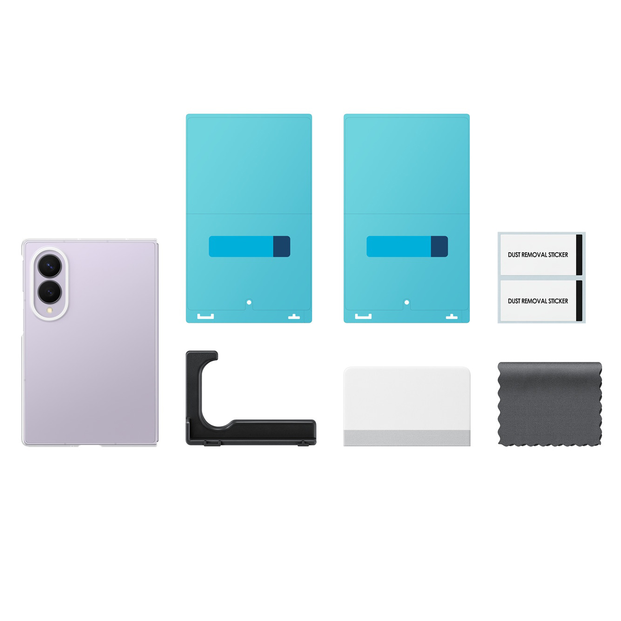 Un smartphone, dos protectores de pantalla, un aplicador, pegatinas antipolvo, una espátula y un paño.