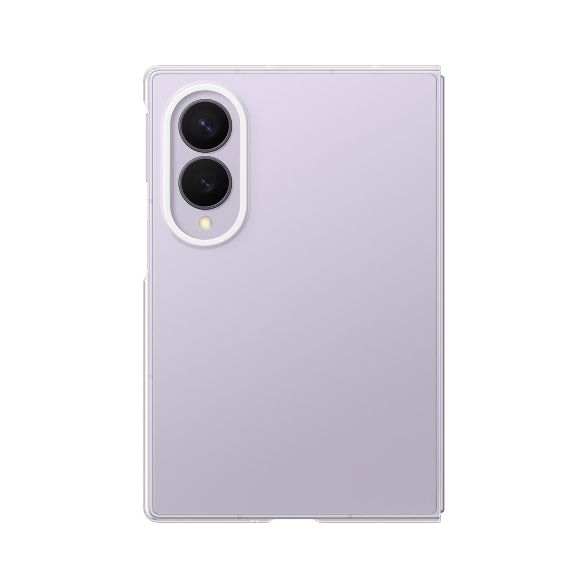 Parte trasera de un smartphone plegable violeta claro con dos cámaras verticales arriba a la izquierda.