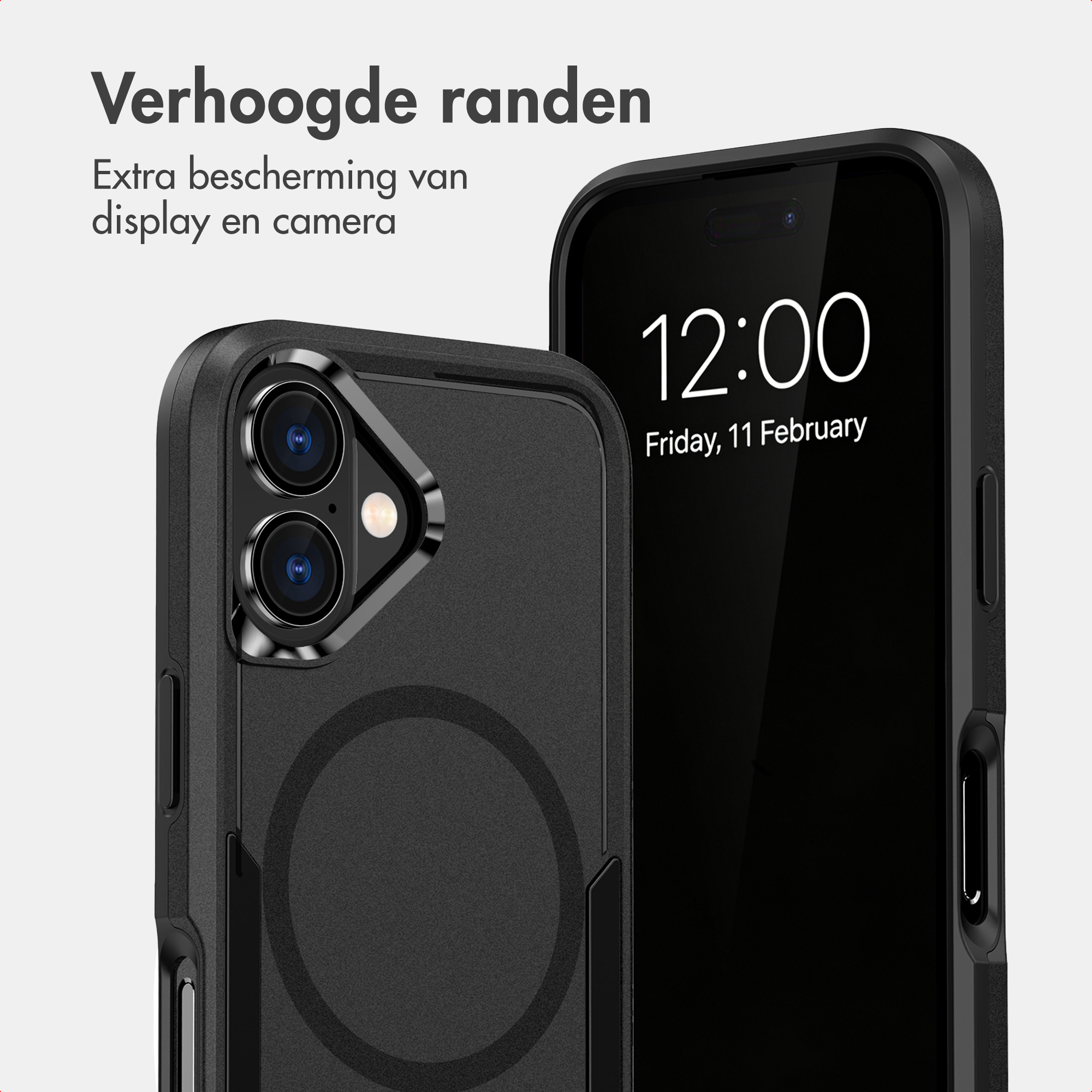 Zwei schwarze, robuste Smartphone-Hüllen, Rückseite mit Dual-Kamera und Vorderseite mit Display.